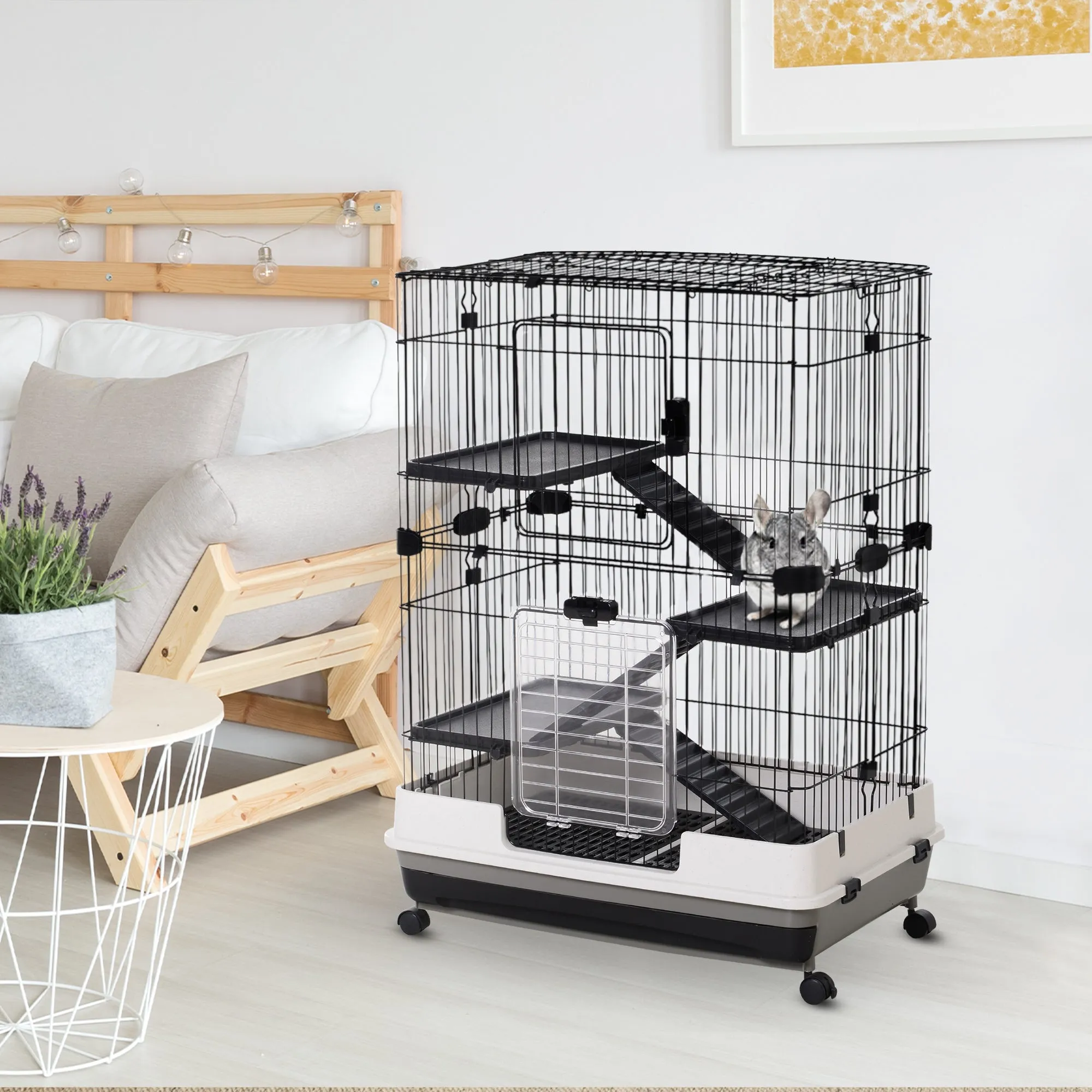 3-Tier Metal Cage with Tray for Rodents, Rabbits and Ferrets with 4 Wheels, 81.2 x 52.7 x 114 cm, Black - Image 2