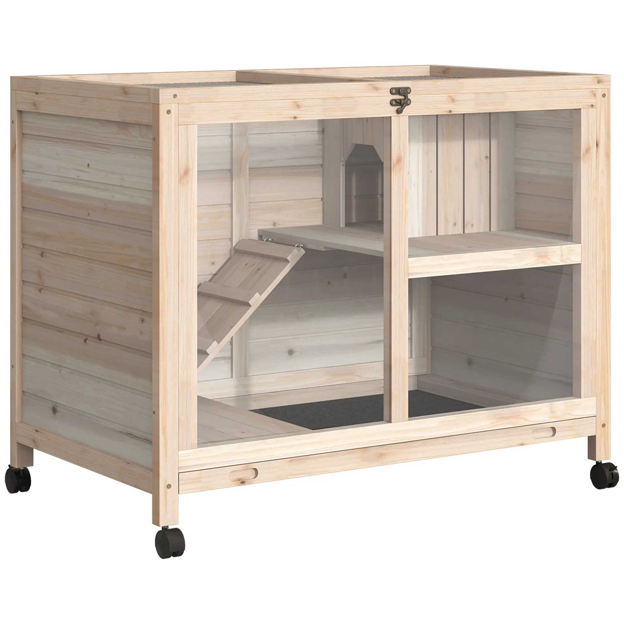Wooden Rabbit Hutch with 2-Story House, Ramp and Pull-Out Tray, 91.5x53. 3x73cm