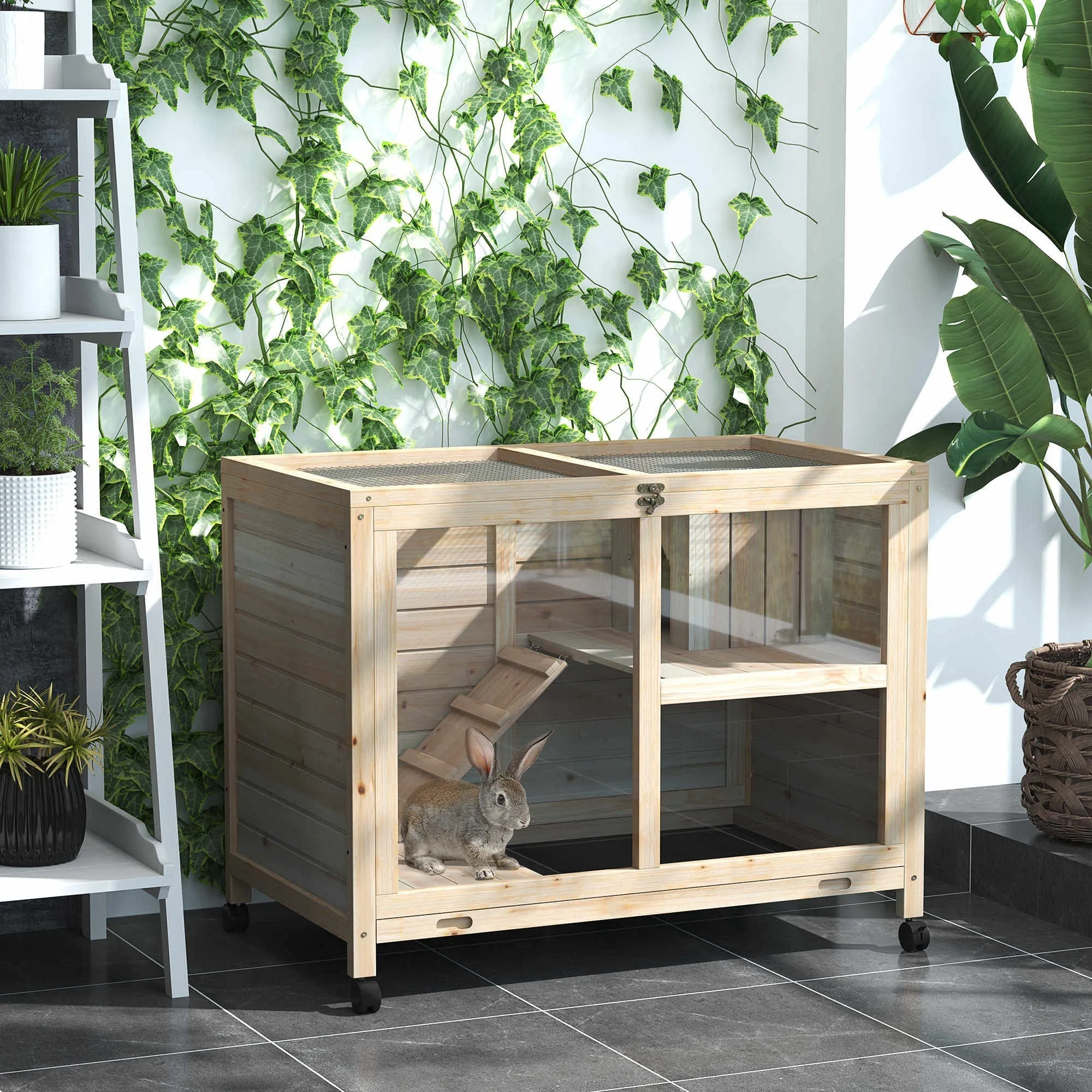 Wooden Rabbit Hutch with 2-Story House, Ramp and Pull-Out Tray, 91.5x53. 3x73cm - Image 2