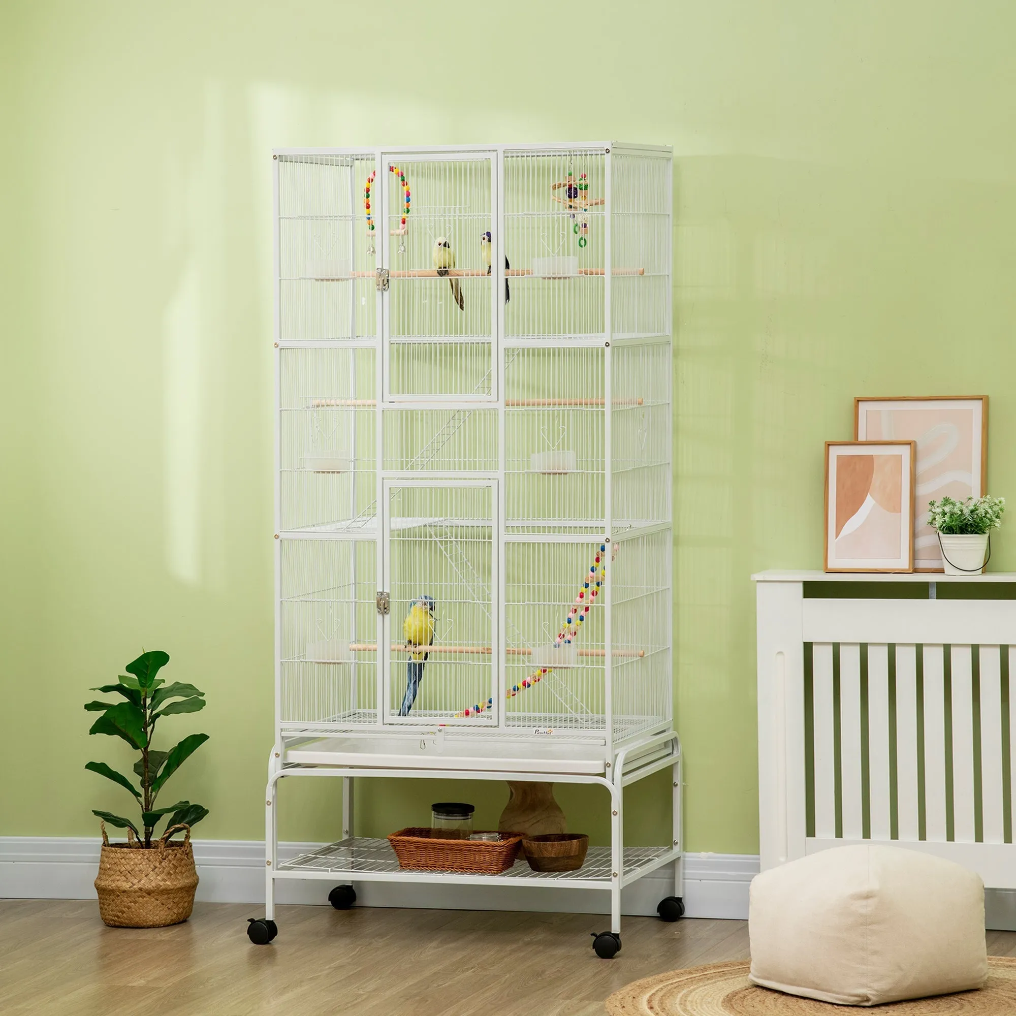 Bird Cage in Steel and PP with Perches, Toys, Food Containers and Tray, 83x53x180 cm, White - Image 2