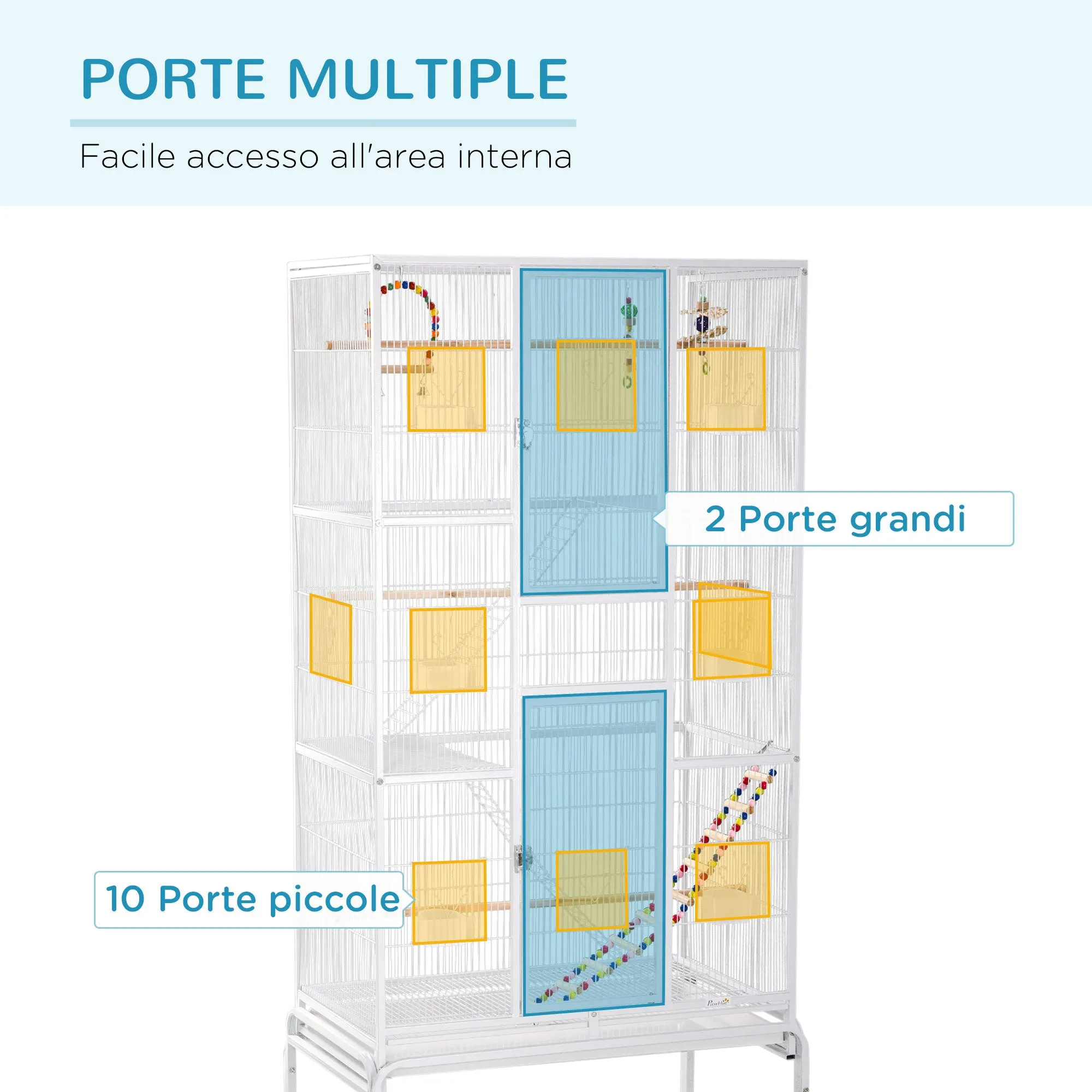 Bird Cage in Steel and PP with Perches, Toys, Food Containers and Tray, 83x53x180 cm, White - Image 3
