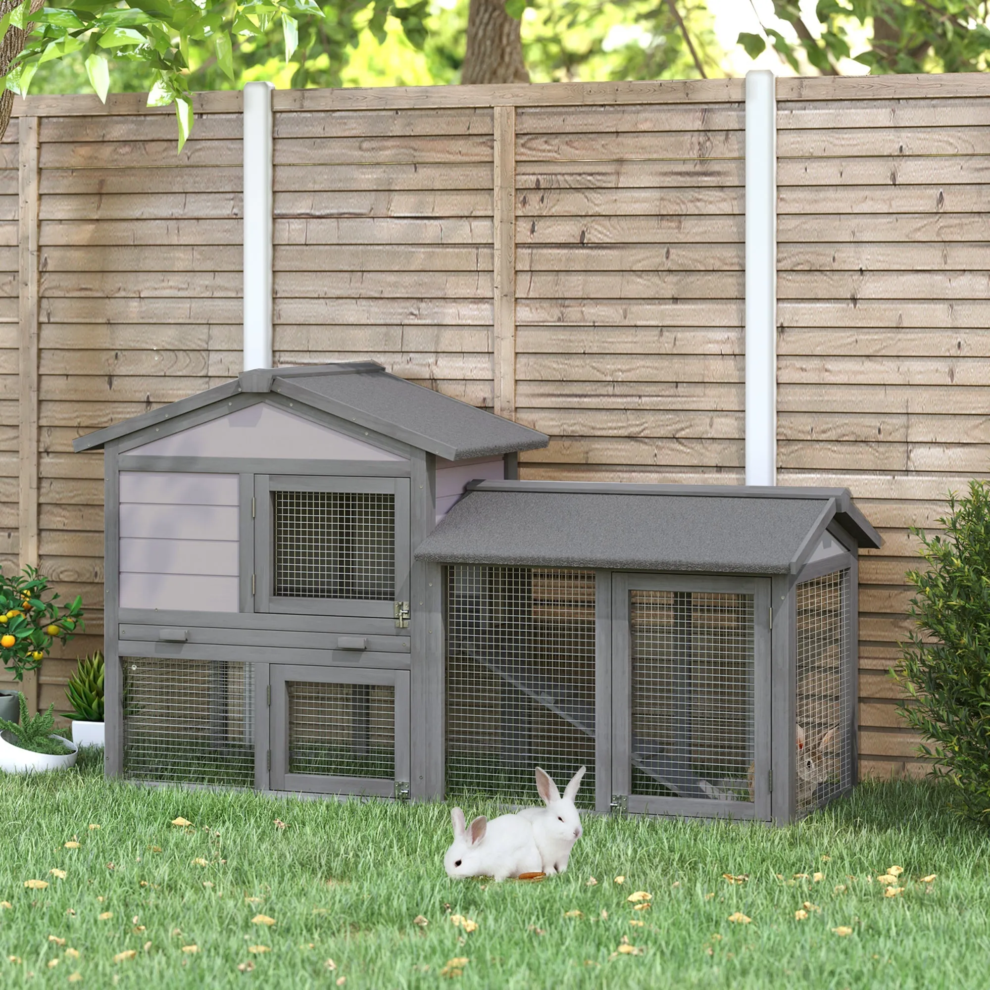 Outdoor Wooden Rabbit Hutch with House, Open Enclosed Space and Roof 147x54x84cm - Image 2