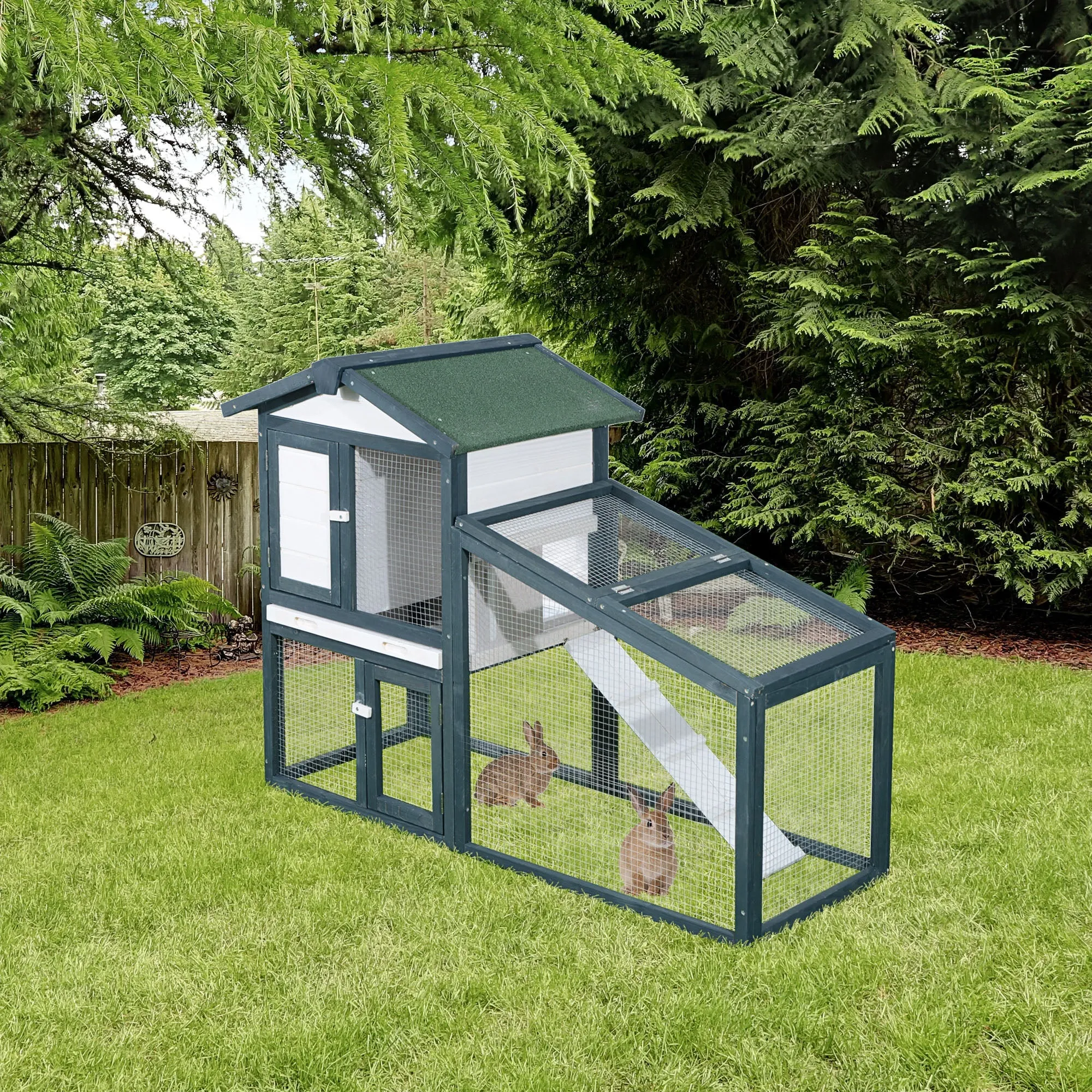 Wooden Rabbit and Pet Cage 2 Tier Fir Double Door 140x65x100cm Green and White - Image 2