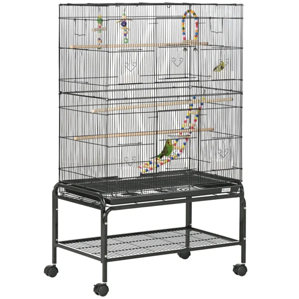 Steel Bird Cage with Perches, Toys, Food Containers and Tray, 79x49x133 cm, Black