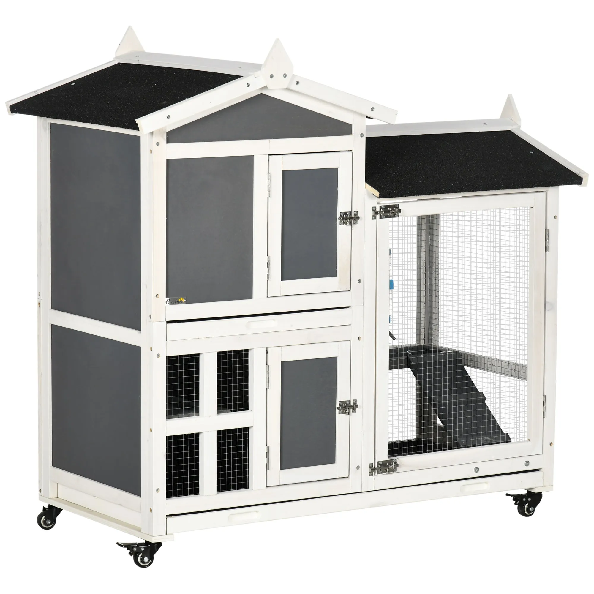 Outdoor Rabbit Hutch for 2 Wooden Rabbits with Removable Tray and Running Area, 110x60x104 cm
