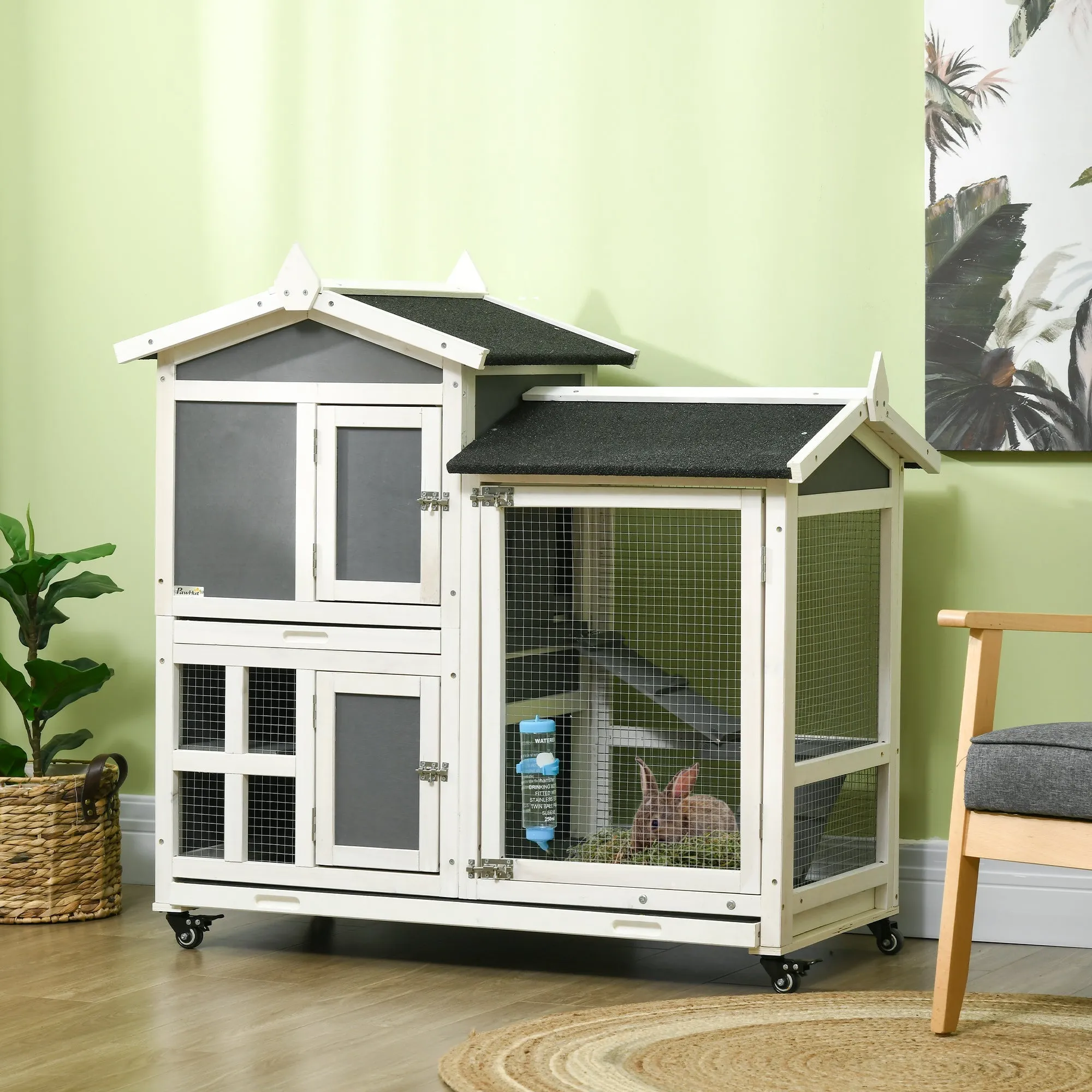 Outdoor Rabbit Hutch for 2 Wooden Rabbits with Removable Tray and Running Area, 110x60x104 cm - Image 2
