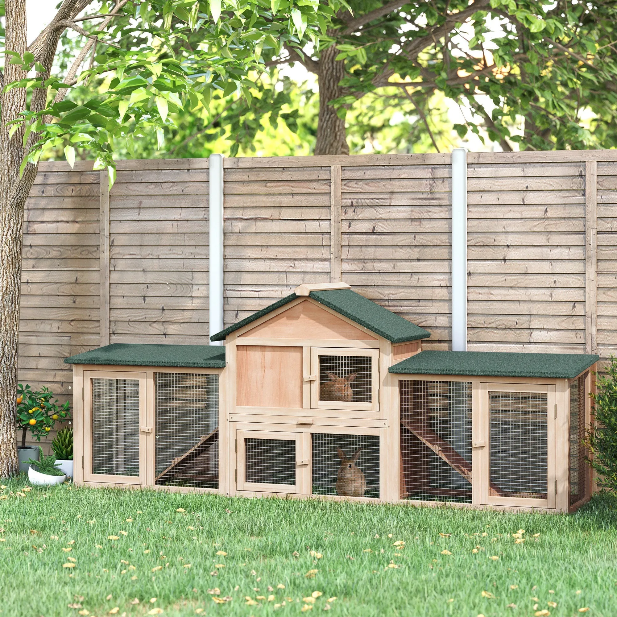 Rabbit Cage, Enclosed Rabbit Hutch with Ramps, Waterproof Roof and Removable Tray 210 x 45.5 x 84.5 cm - Image 2