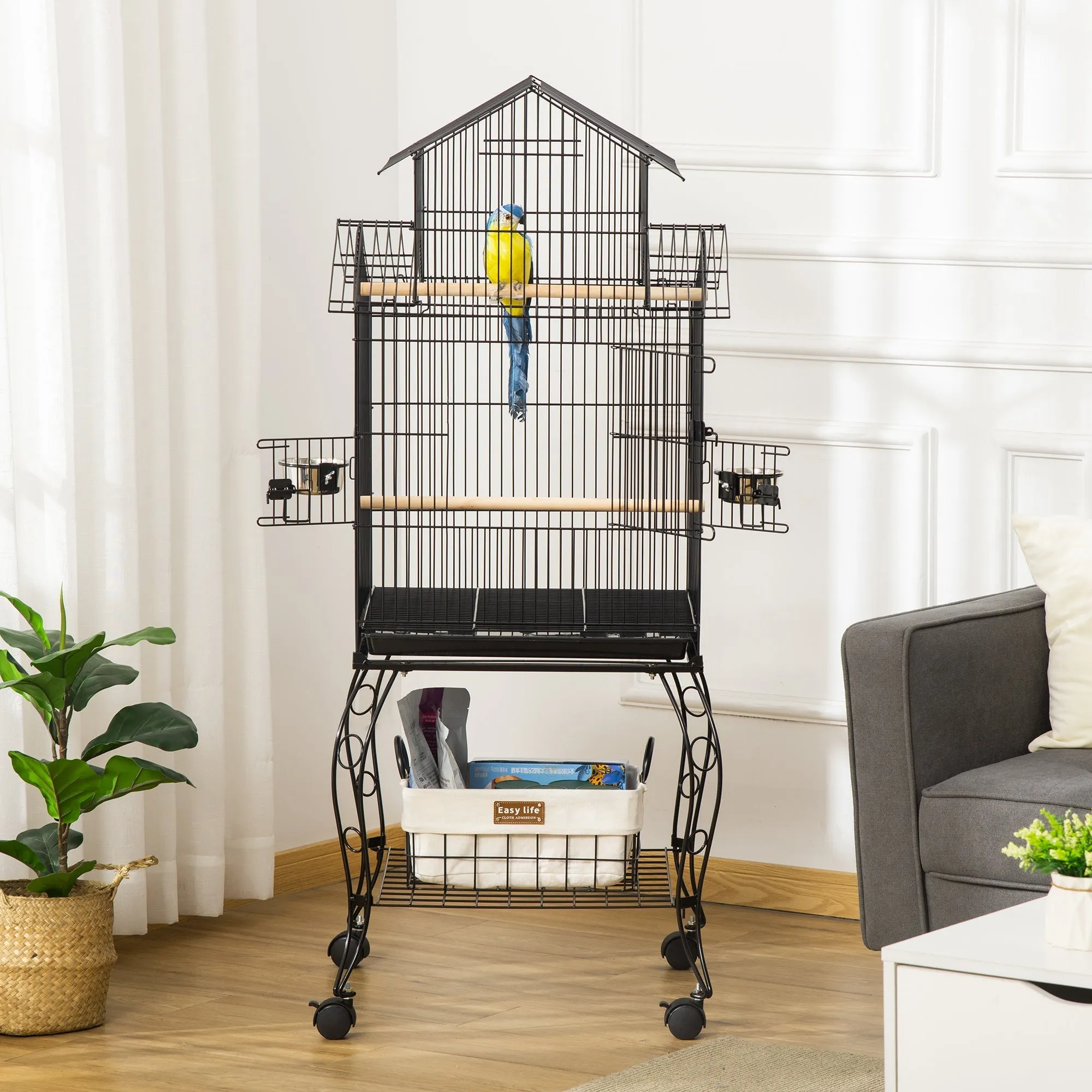 Indoor Wooden Bird Cage with Tray, 4 Wheels and Perch, 50x49x137cm - Image 2