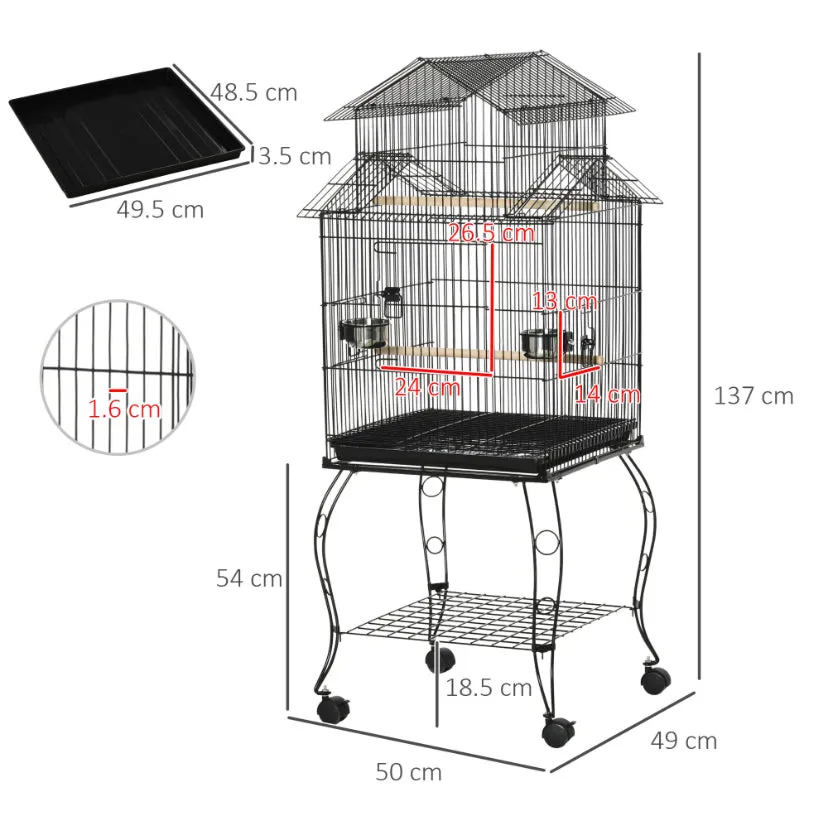 Indoor Wooden Bird Cage with Tray, 4 Wheels and Perch, 50x49x137cm - Image 3