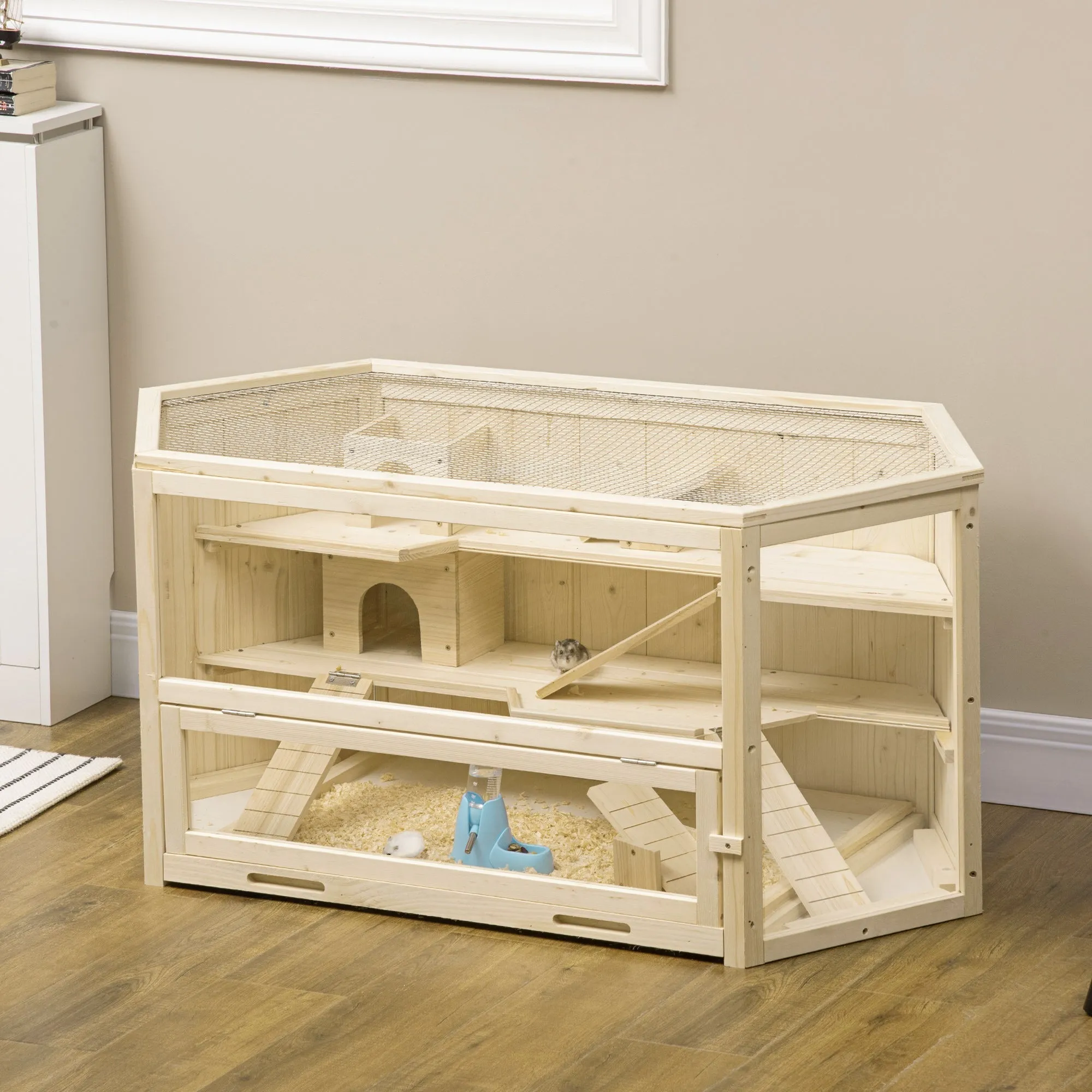 3-Tier Wooden Hamster House with Opening Roof and Transparent Wall, 115x60x55cm - Image 2