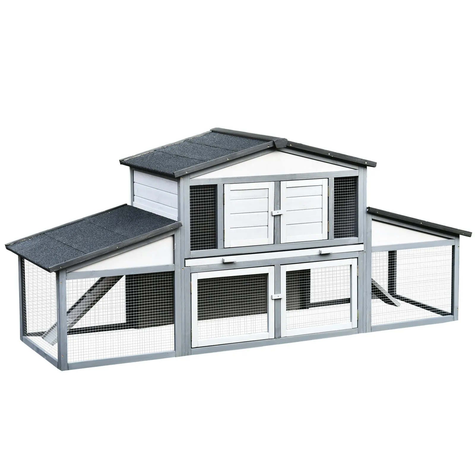 Outdoor Rabbit Hutch in Wood and Metal, Cage for 2-3 Rabbits or Rodents, Grey and White 225x70x100cm
