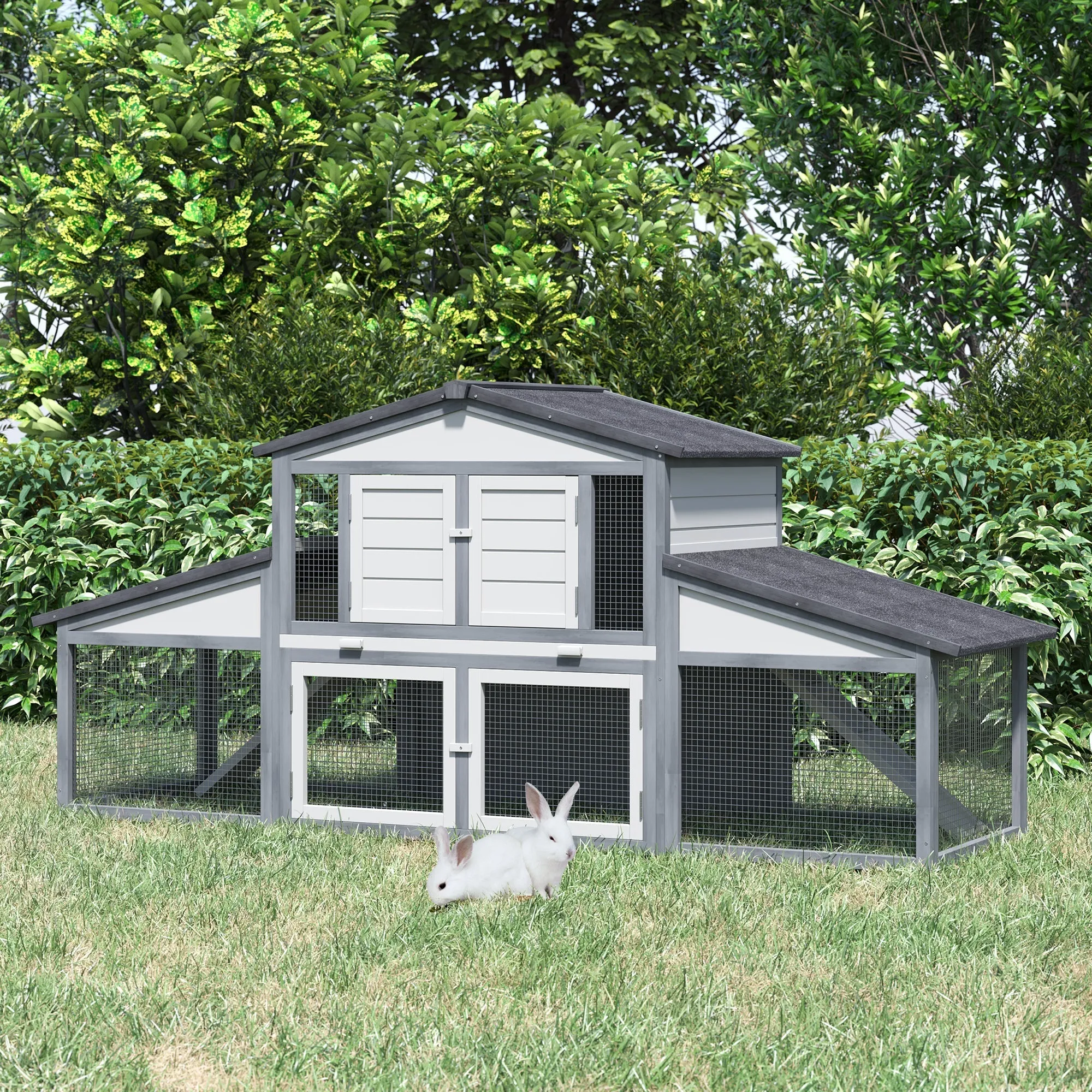 Outdoor Rabbit Hutch in Wood and Metal, Cage for 2-3 Rabbits or Rodents, Grey and White 225x70x100cm - Image 2