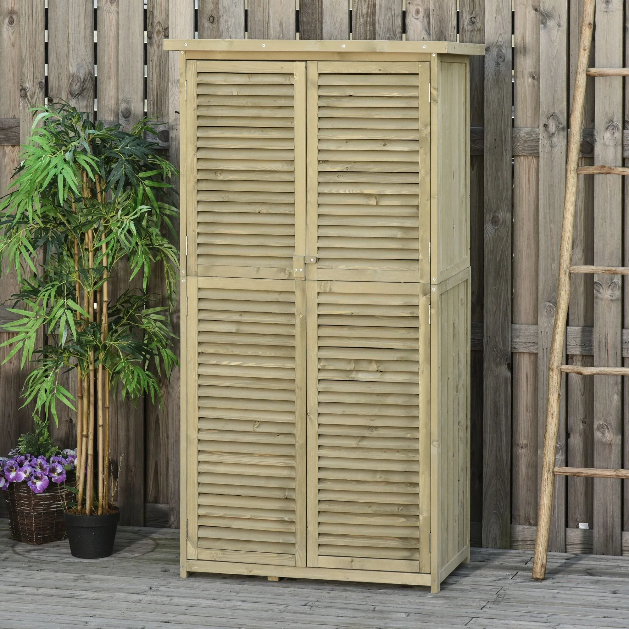 Wooden Garden Shed with Waterproof Roof, Outdoor Garden Tool Cabinet with 4 Compartments, 87x46.5x160cm, Grey - Image 2