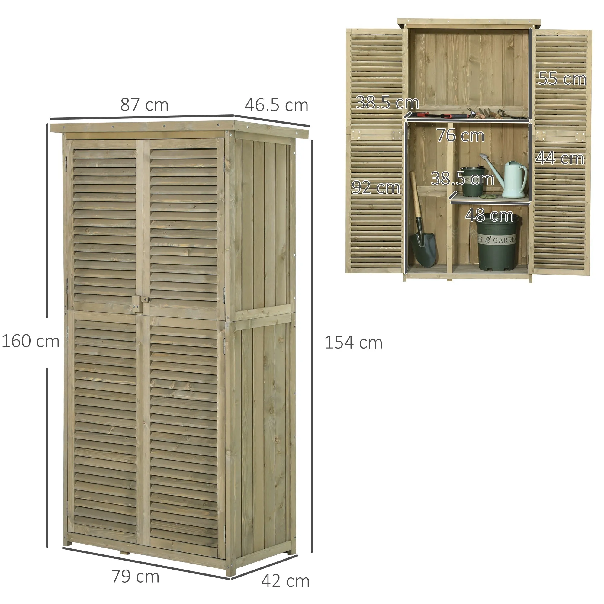 Wooden Garden Shed with Waterproof Roof, Outdoor Garden Tool Cabinet with 4 Compartments, 87x46.5x160cm, Grey - Image 3