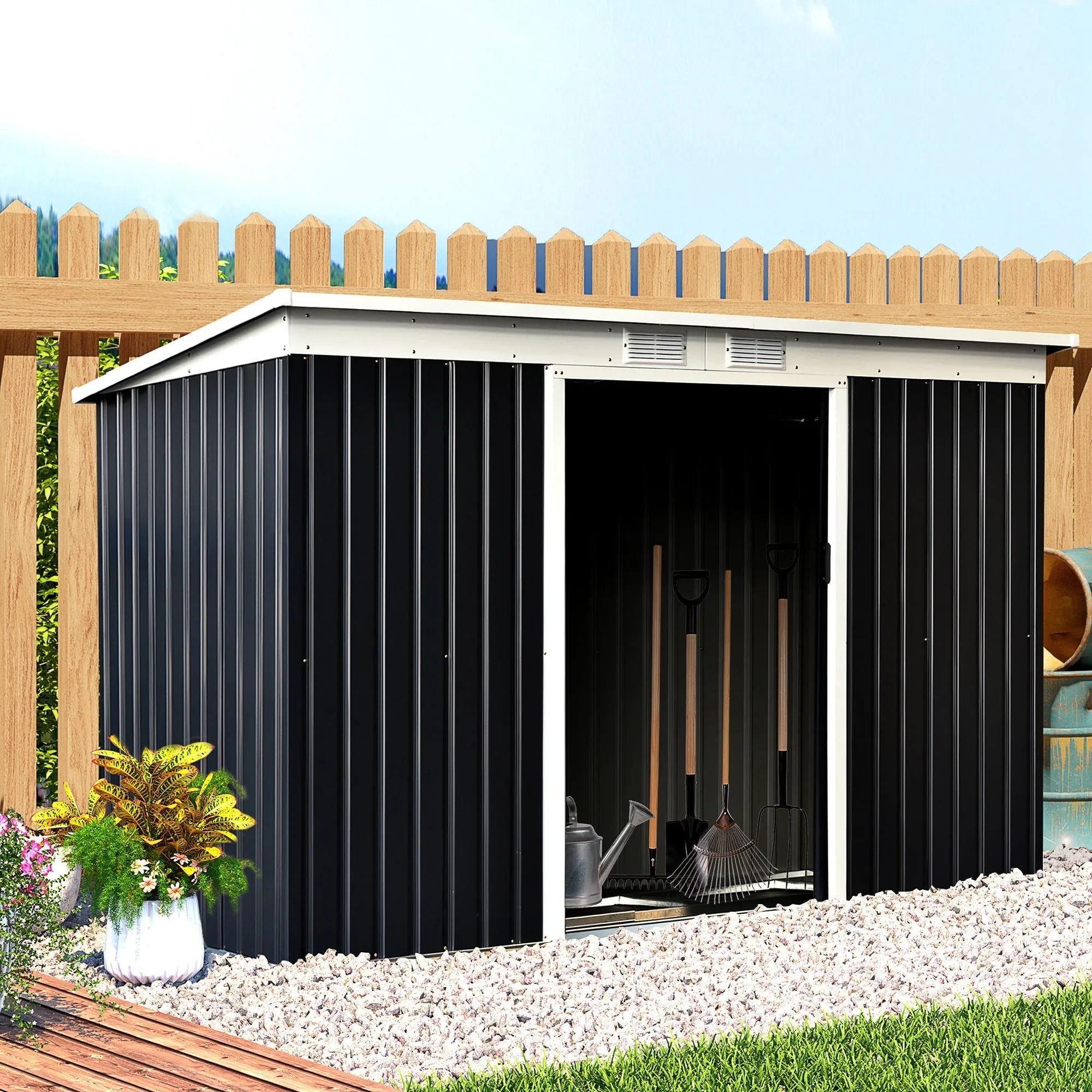 Garden Shed Tool Shed in Steel Sheet with Sliding Doors, 280x130x172cm, Grey-Black - Image 2