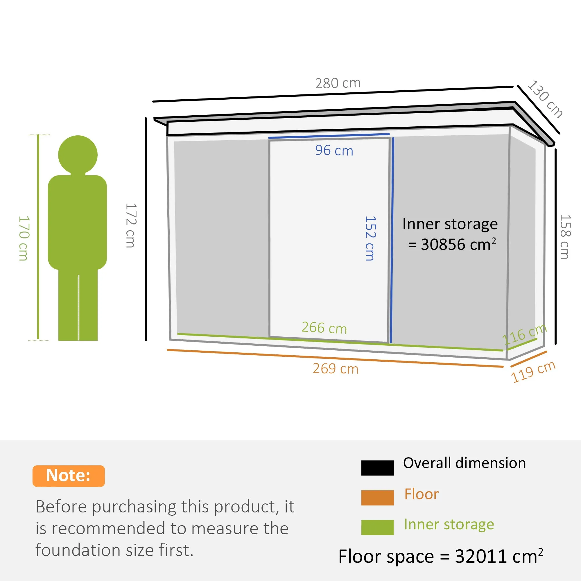 Garden Shed Tool Shed in Steel Sheet with Sliding Doors, 280x130x172cm, Grey-Black - Image 3