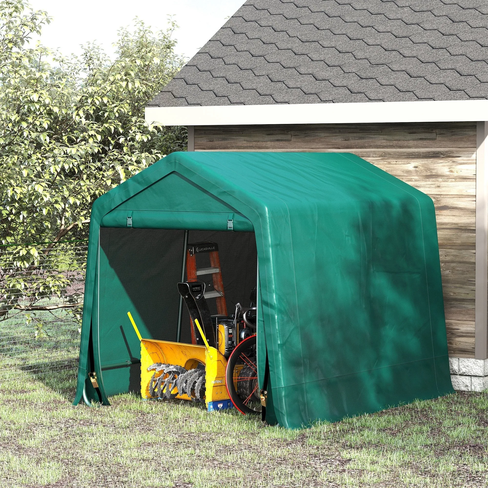 2.4x2m Outdoor Garage Tent for Motorcycles and Bicycles, Garden Tool Shed in Metal and PE Fabric, Green - Image 2