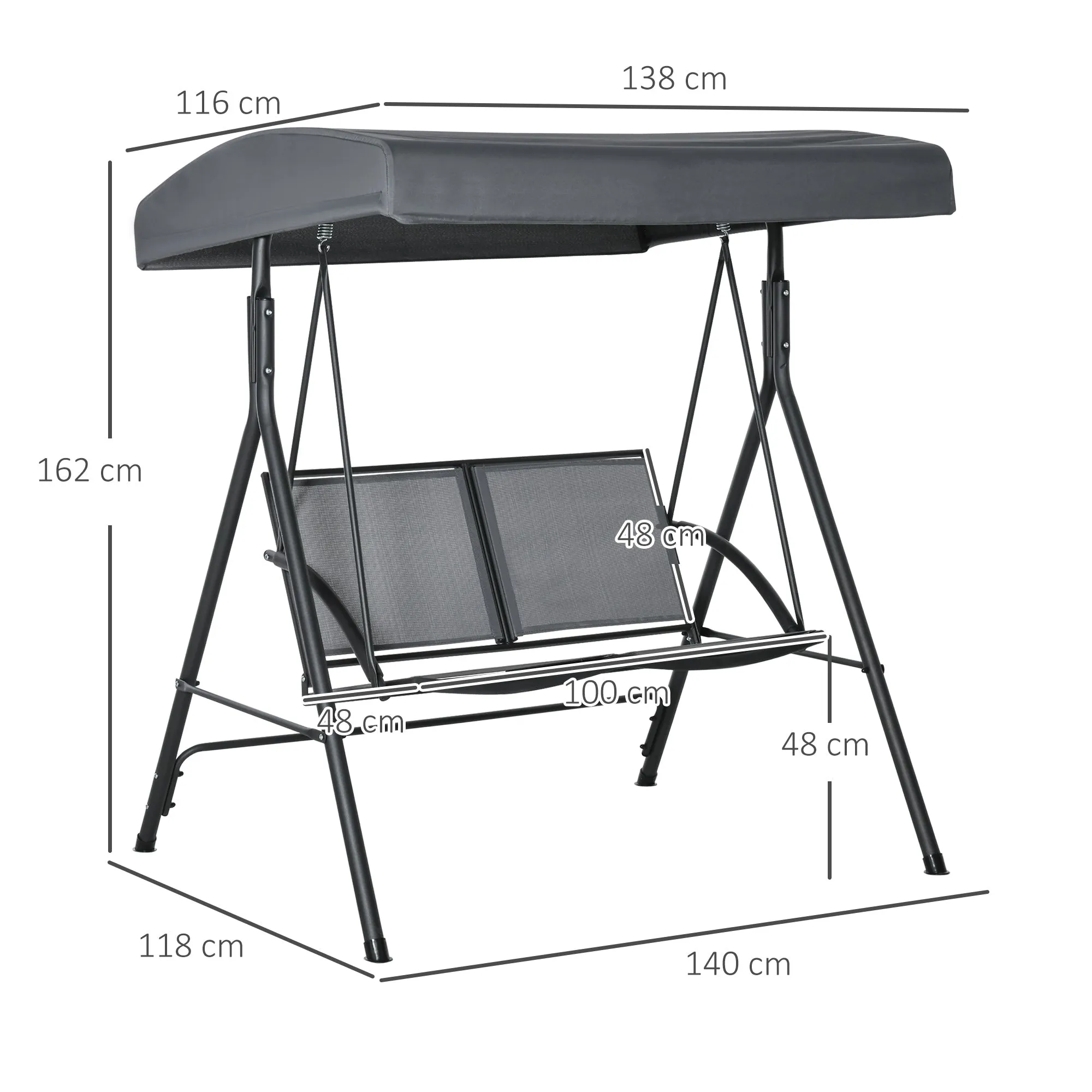 YORK | 2 Seater Garden Swing with Adjustable Canopy, 140x118x162cm Grey - Image 3