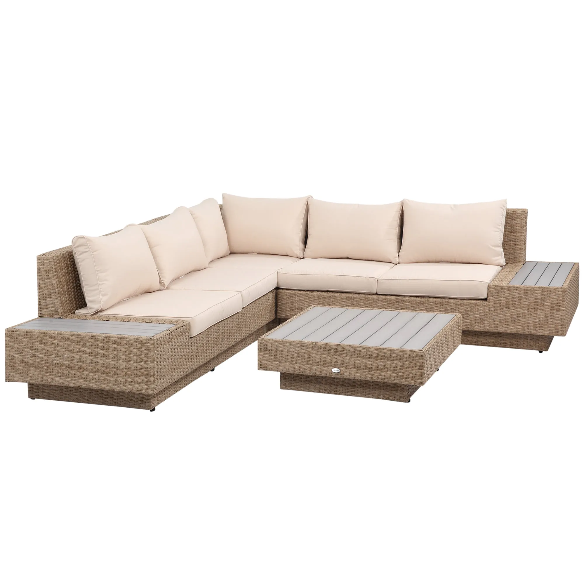 4-Piece Rattan Garden Set, Corner Sofa with Cushions and Coffee Tables, Black and Light Brown
