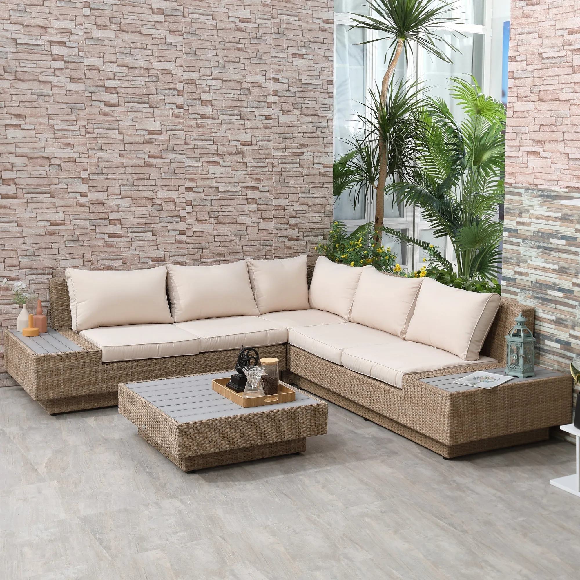 4-Piece Rattan Garden Set, Corner Sofa with Cushions and Coffee Tables, Black and Light Brown - Image 2