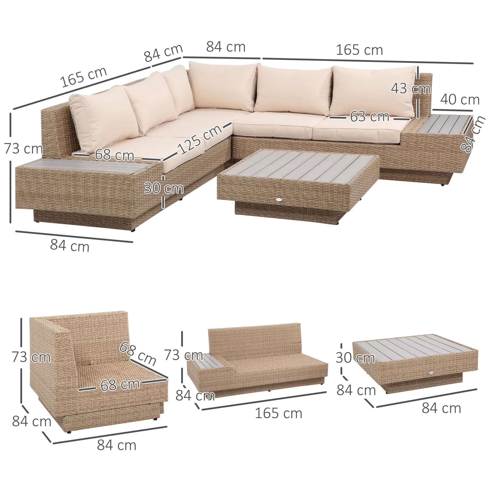 4-Piece Rattan Garden Set, Corner Sofa with Cushions and Coffee Tables, Black and Light Brown - Image 3