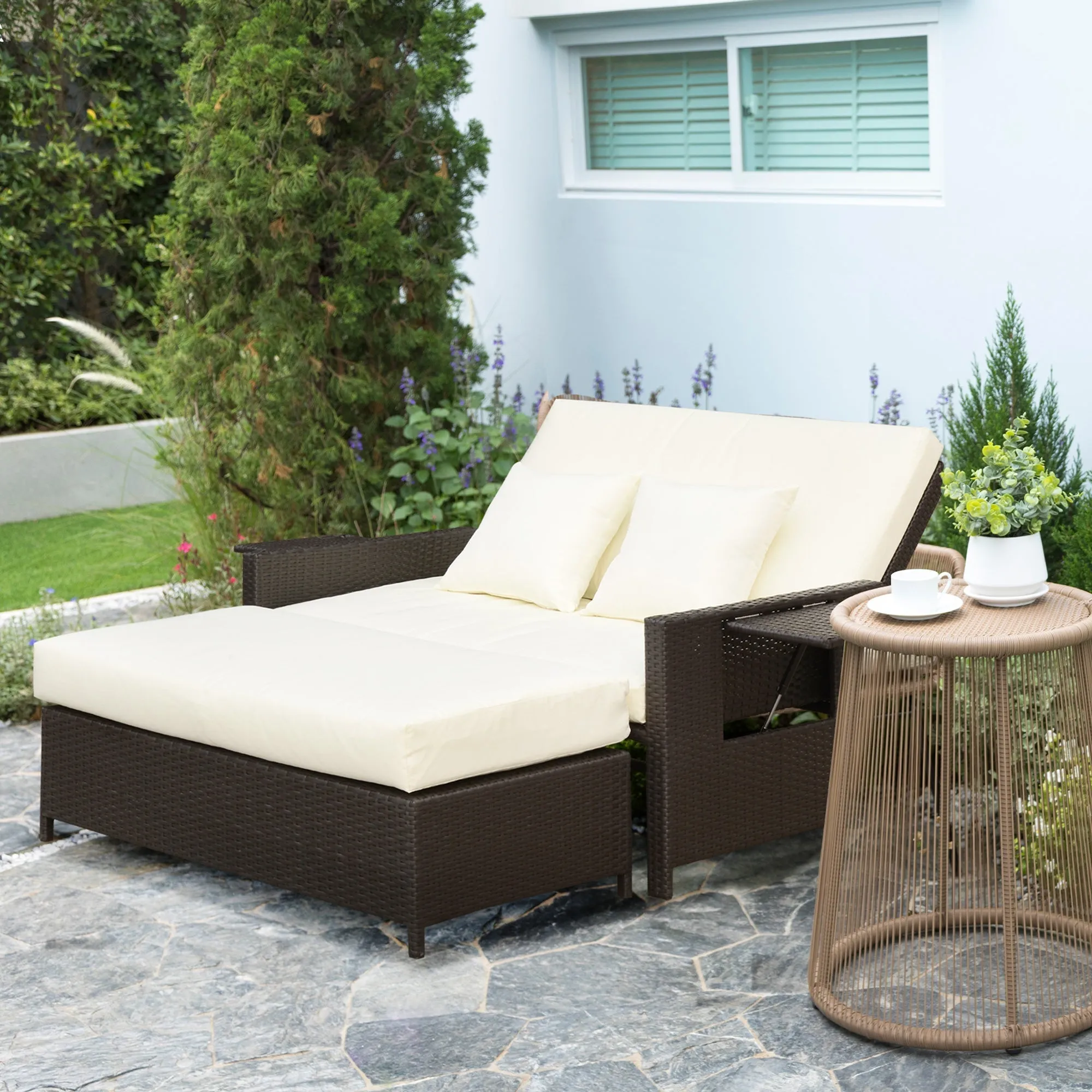 Modular Garden Sofa with Bench, Brown Rattan Garden Furniture, Space-Saving 2-Piece Set - Image 2
