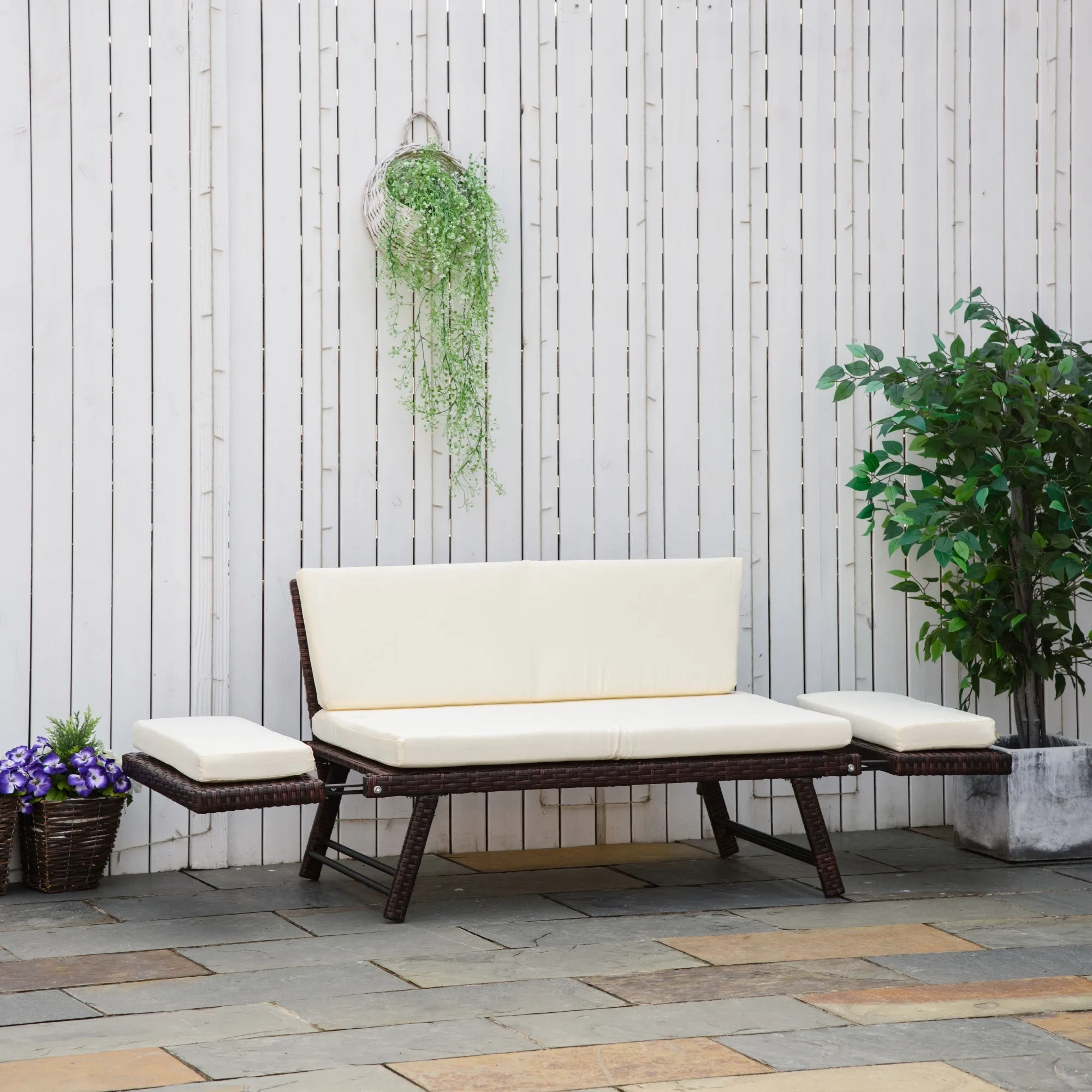 2 Seater Sofa with Extendable Armrests for Garden Rattan 129x63x67cm White, Brown - Image 2
