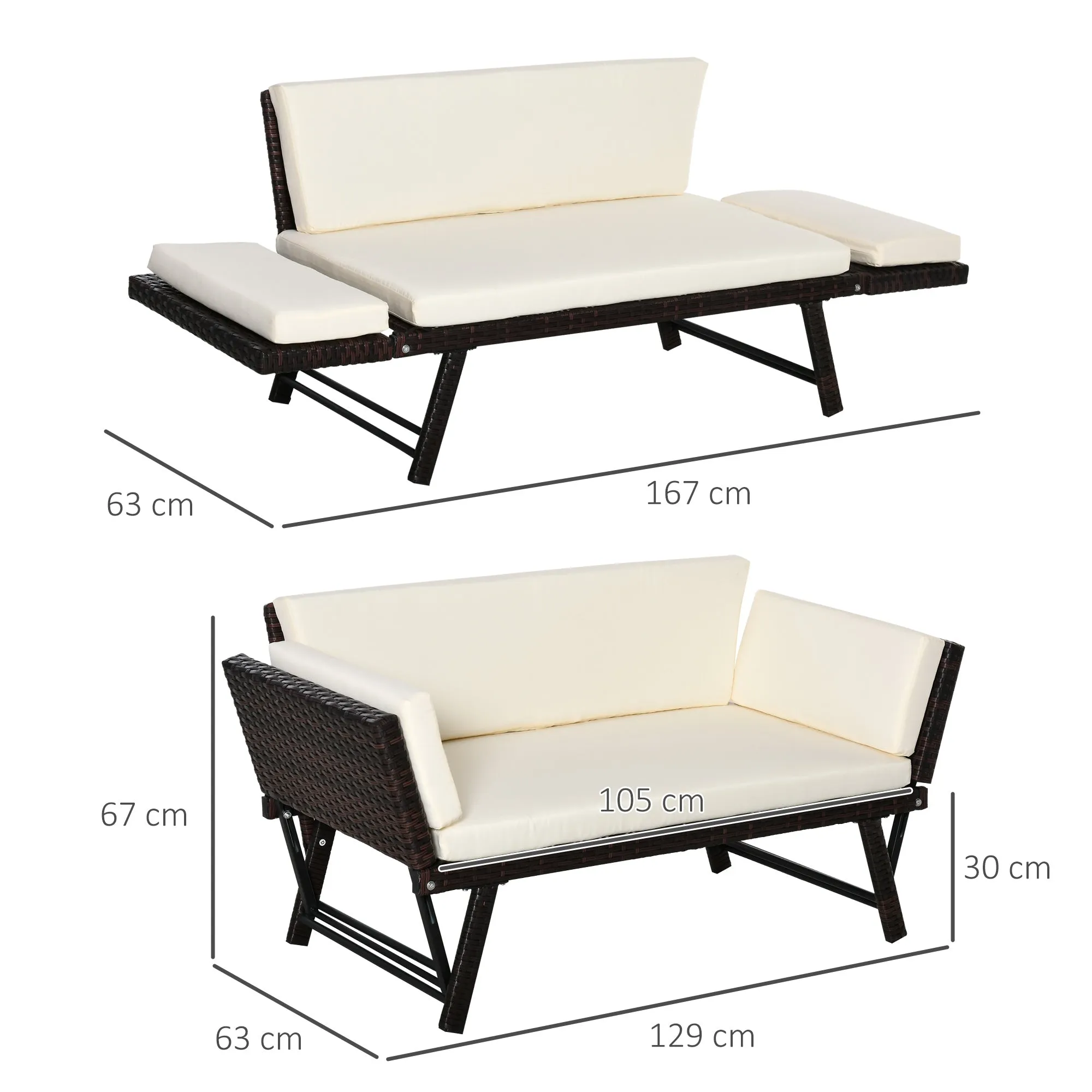 2 Seater Sofa with Extendable Armrests for Garden Rattan 129x63x67cm White, Brown - Image 3