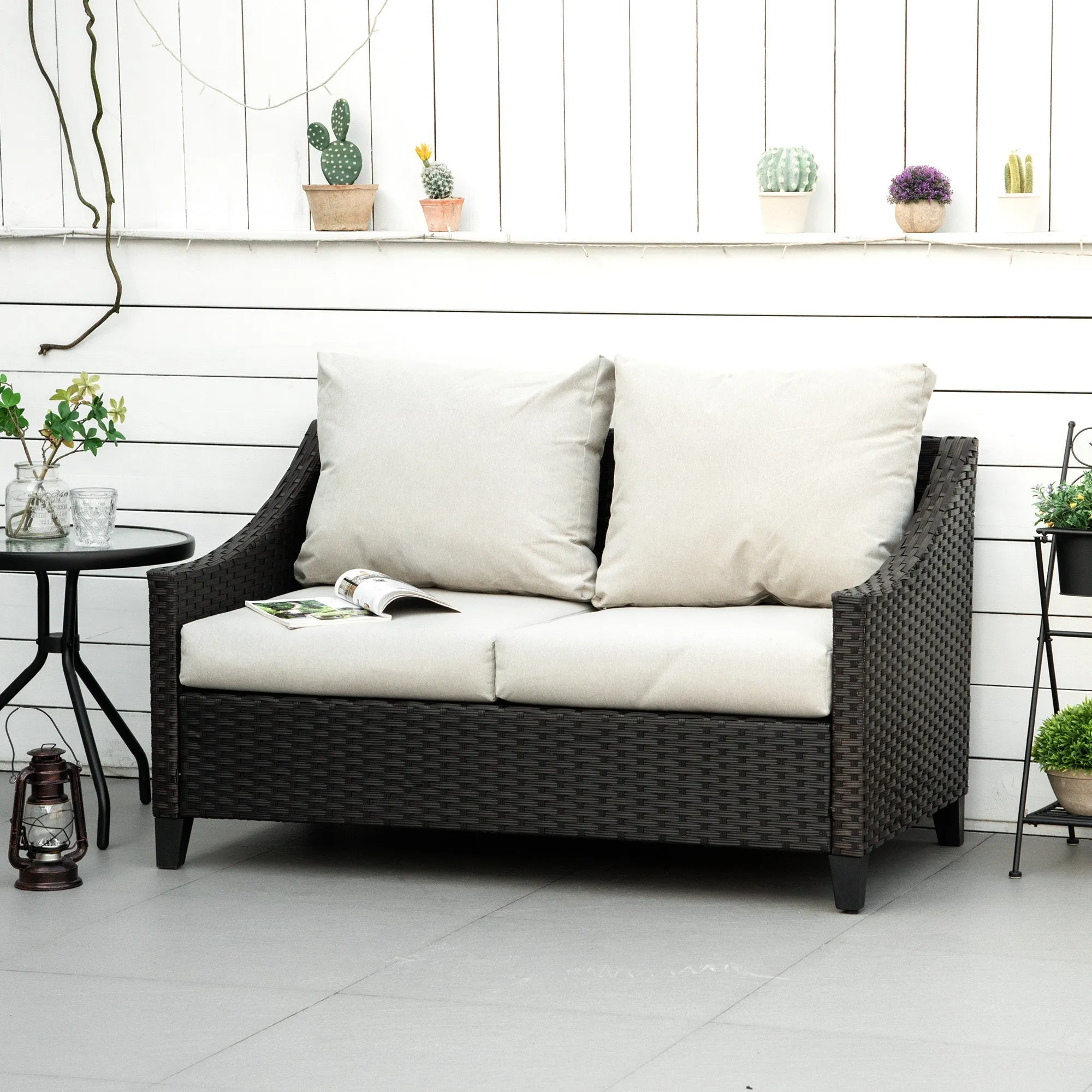 2-Seater PE Rattan Garden Sofa with Cushions, 132x70x74cm, Brown - Image 2