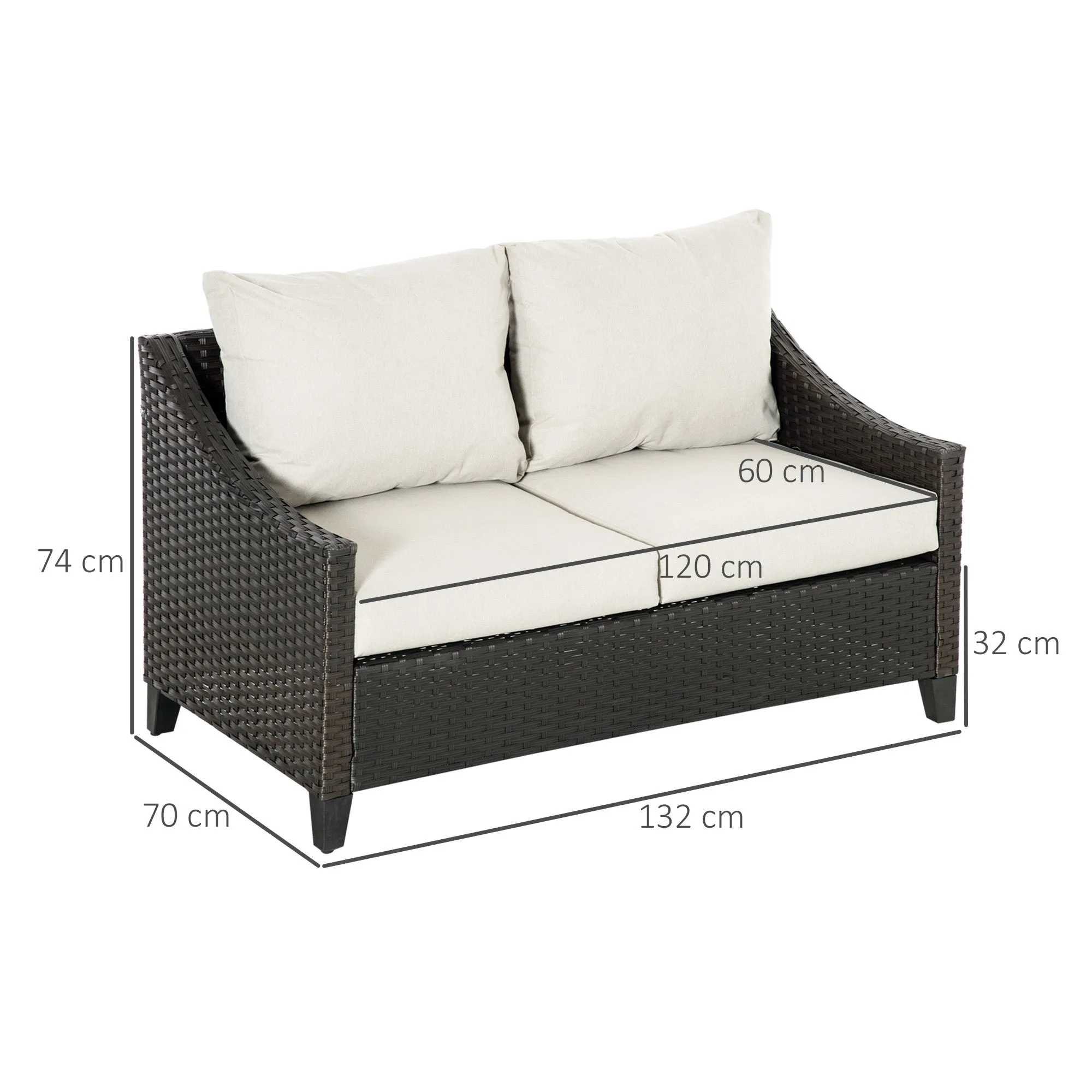 2-Seater PE Rattan Garden Sofa with Cushions, 132x70x74cm, Brown - Image 3