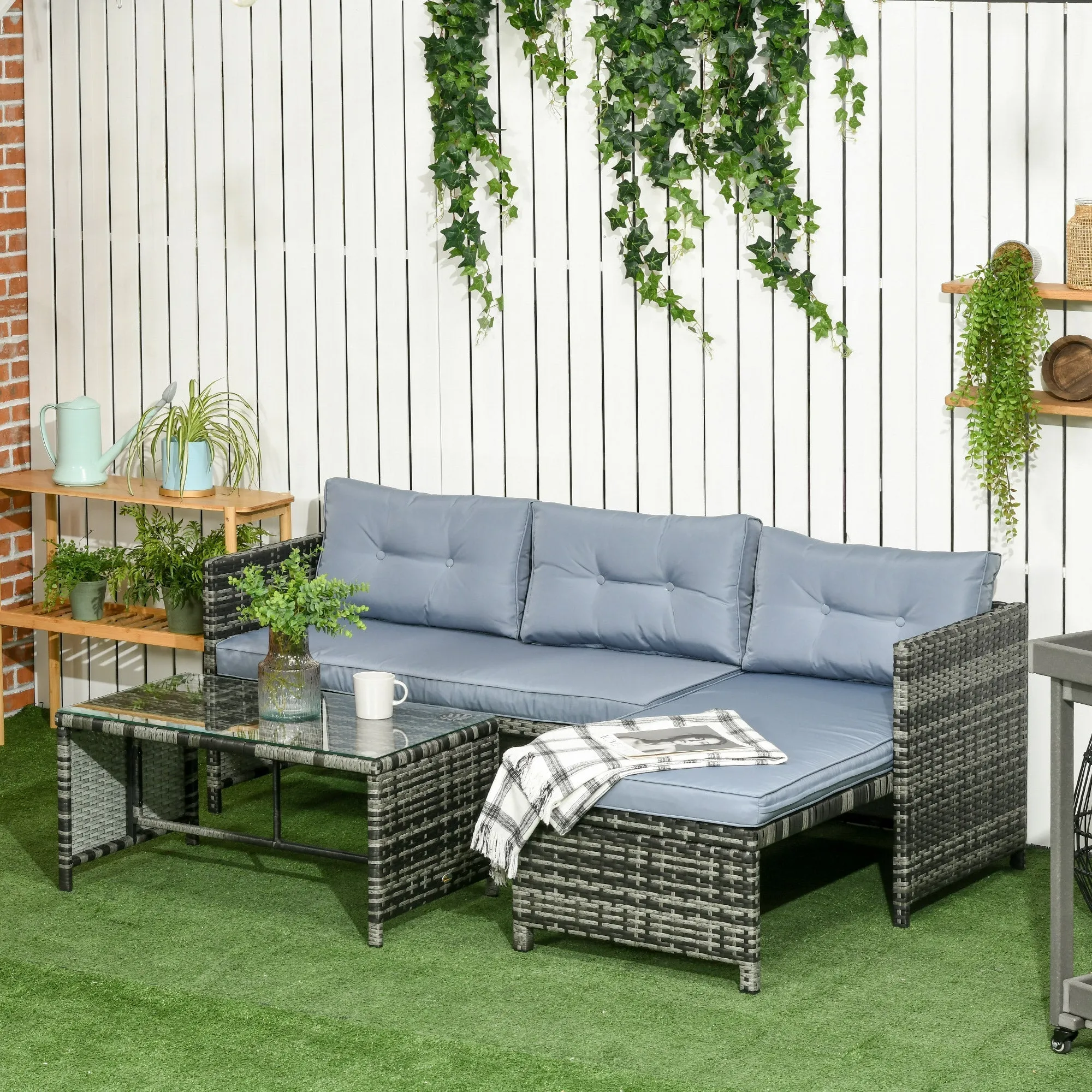 Garden Lounge Set with Sofa, Chaise Longue and Coffee Table in PE Rattan with Cushions, Grey - Image 2