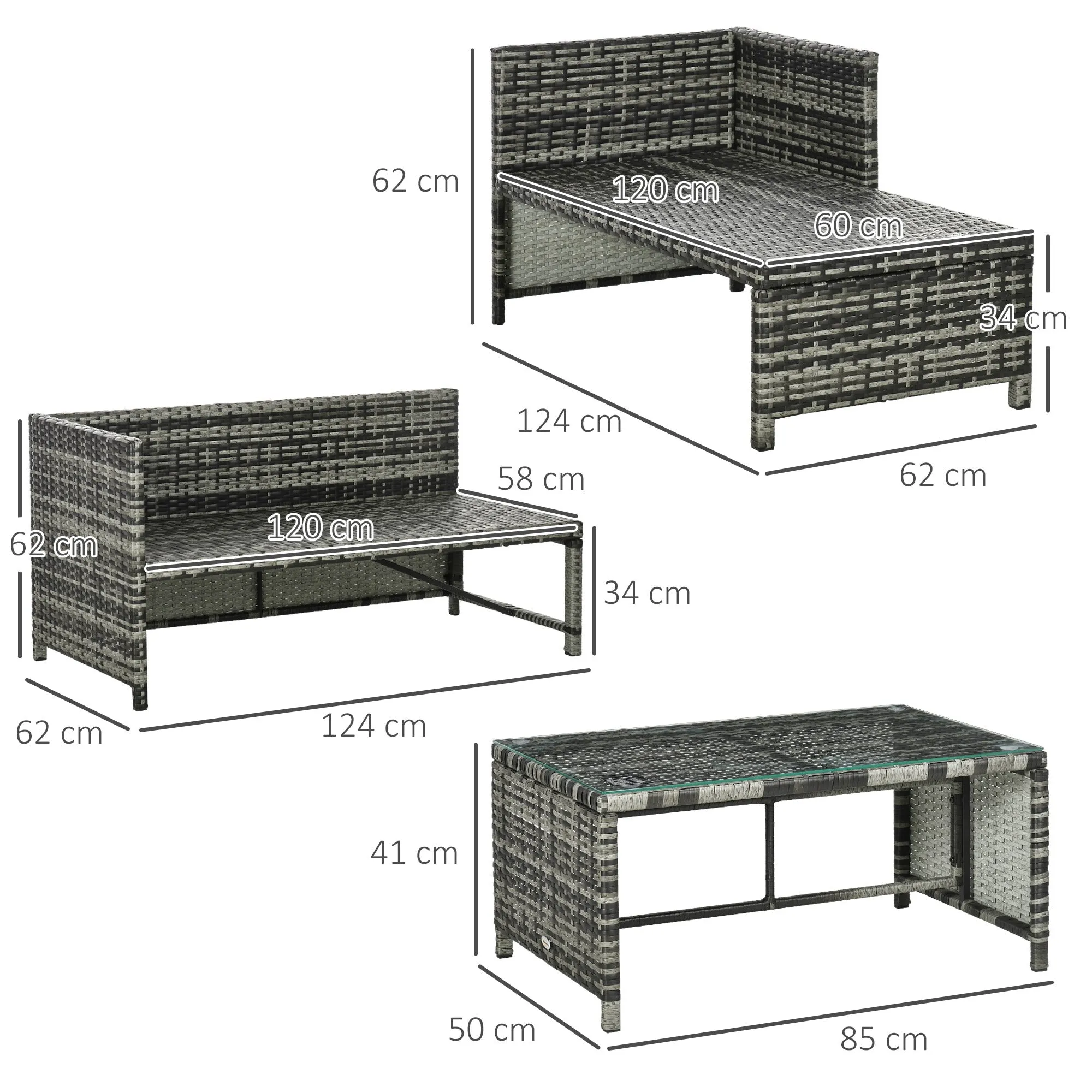 Garden Lounge Set with Sofa, Chaise Longue and Coffee Table in PE Rattan with Cushions, Grey - Image 3