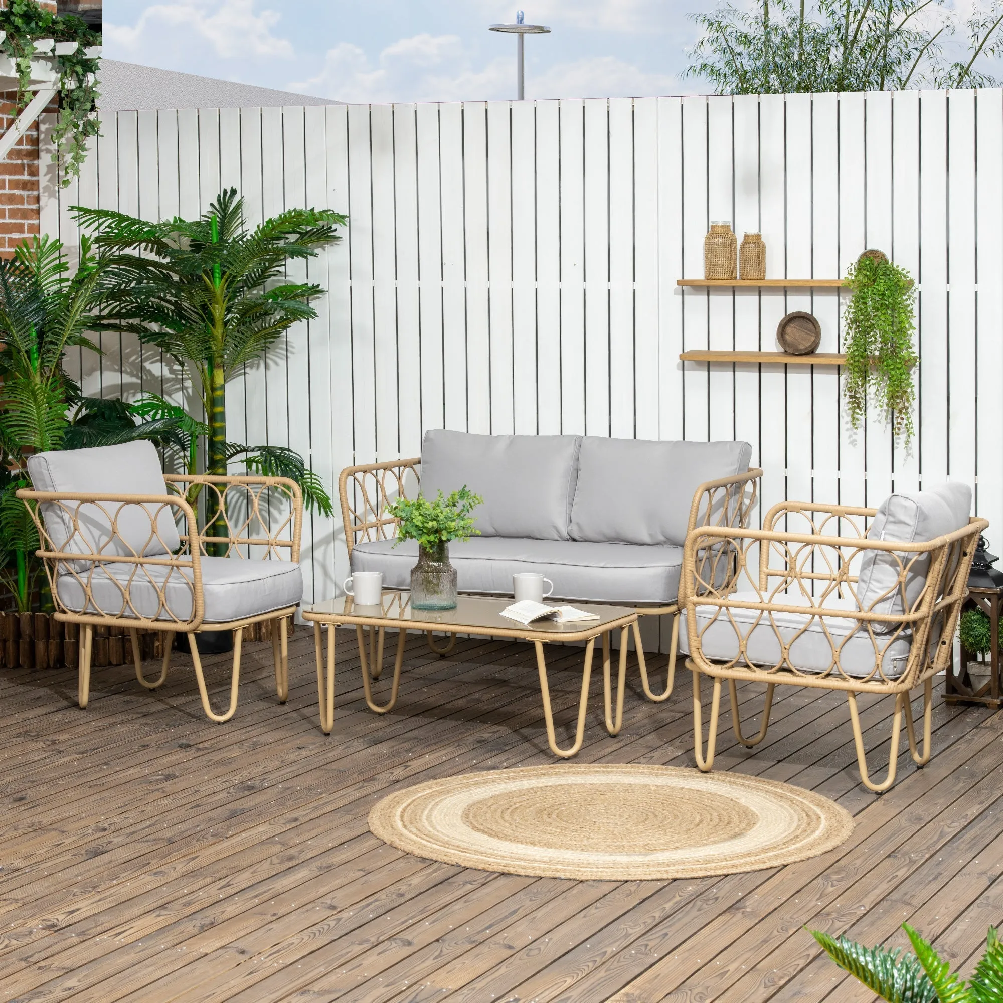 Boho Style Rattan Garden Lounge Set with 2 Seater Sofa, 2 Armchairs and Glass Coffee Table - Image 2