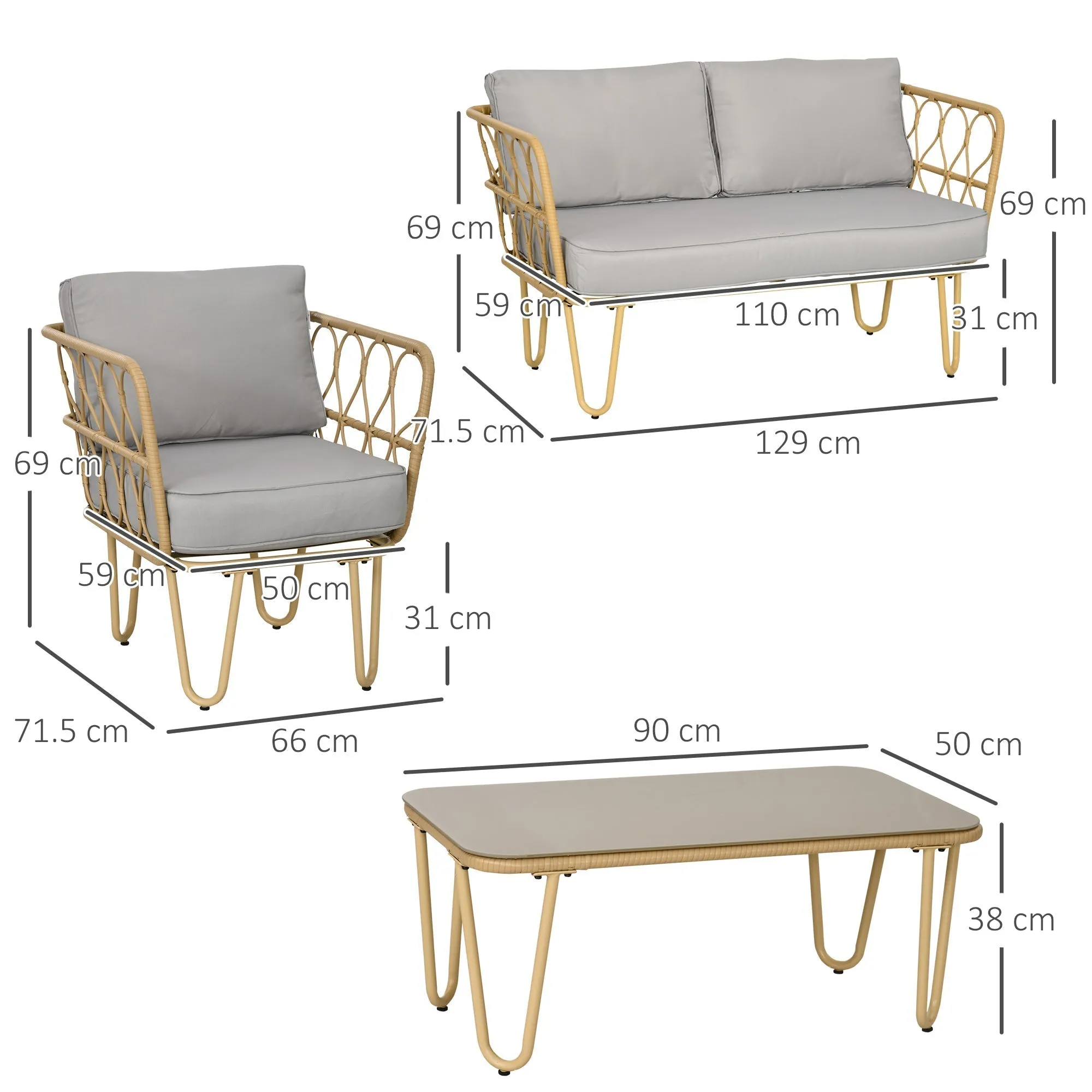 Boho Style Rattan Garden Lounge Set with 2 Seater Sofa, 2 Armchairs and Glass Coffee Table - Image 3