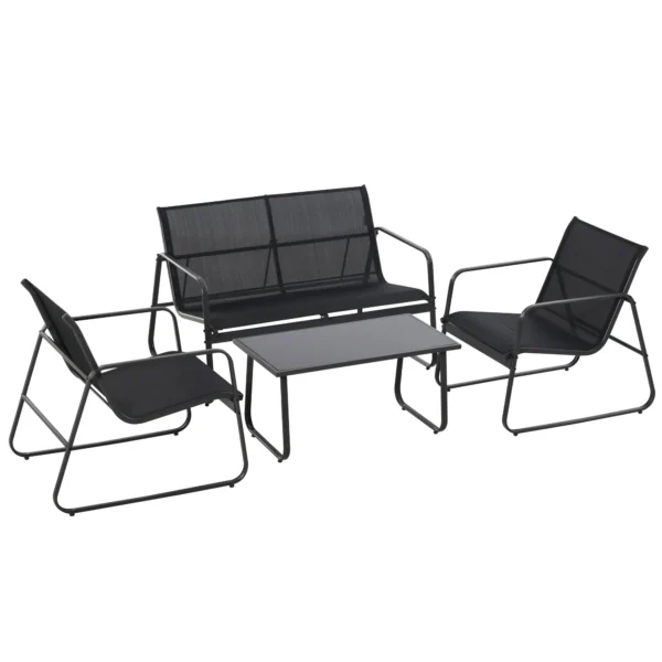 PUPI - Set of Table with Bench and 2 Garden Chairs, Outdoor Furniture in Metal and Texteline, Black