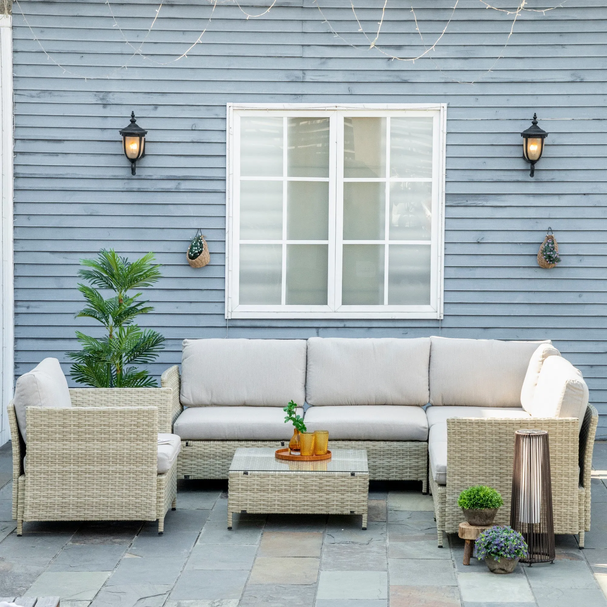 SOFIJA - 7 Piece Modular PE Rattan Garden Lounge Set with Cushions, Beige - Image 2