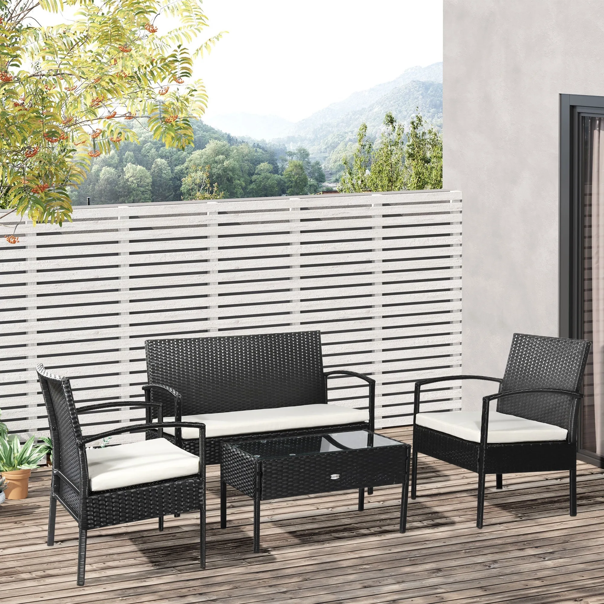 Outdoor Set 4 Piece PE Rattan with Garden Table, 2 Armchairs and 2 Seater Sofa, Black and Cream - Image 2