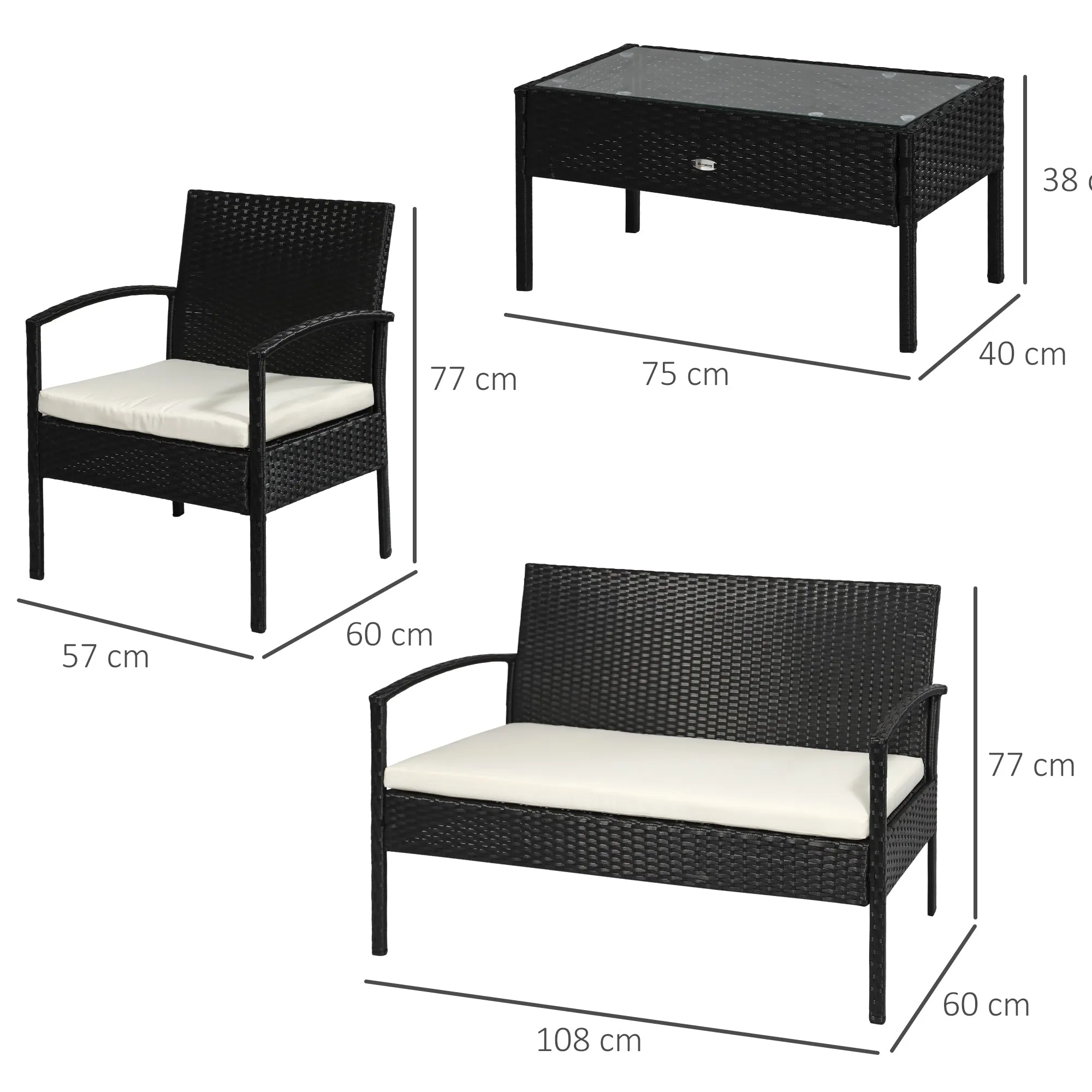Outdoor Set 4 Piece PE Rattan with Garden Table, 2 Armchairs and 2 Seater Sofa, Black and Cream - Image 3