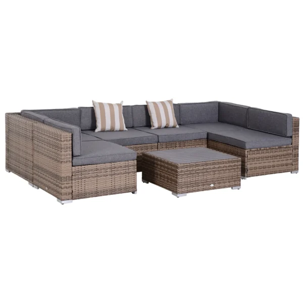 7-Piece Rattan Garden Lounge Set with Coffee Table and Modular Sofa with Cushions, Grey