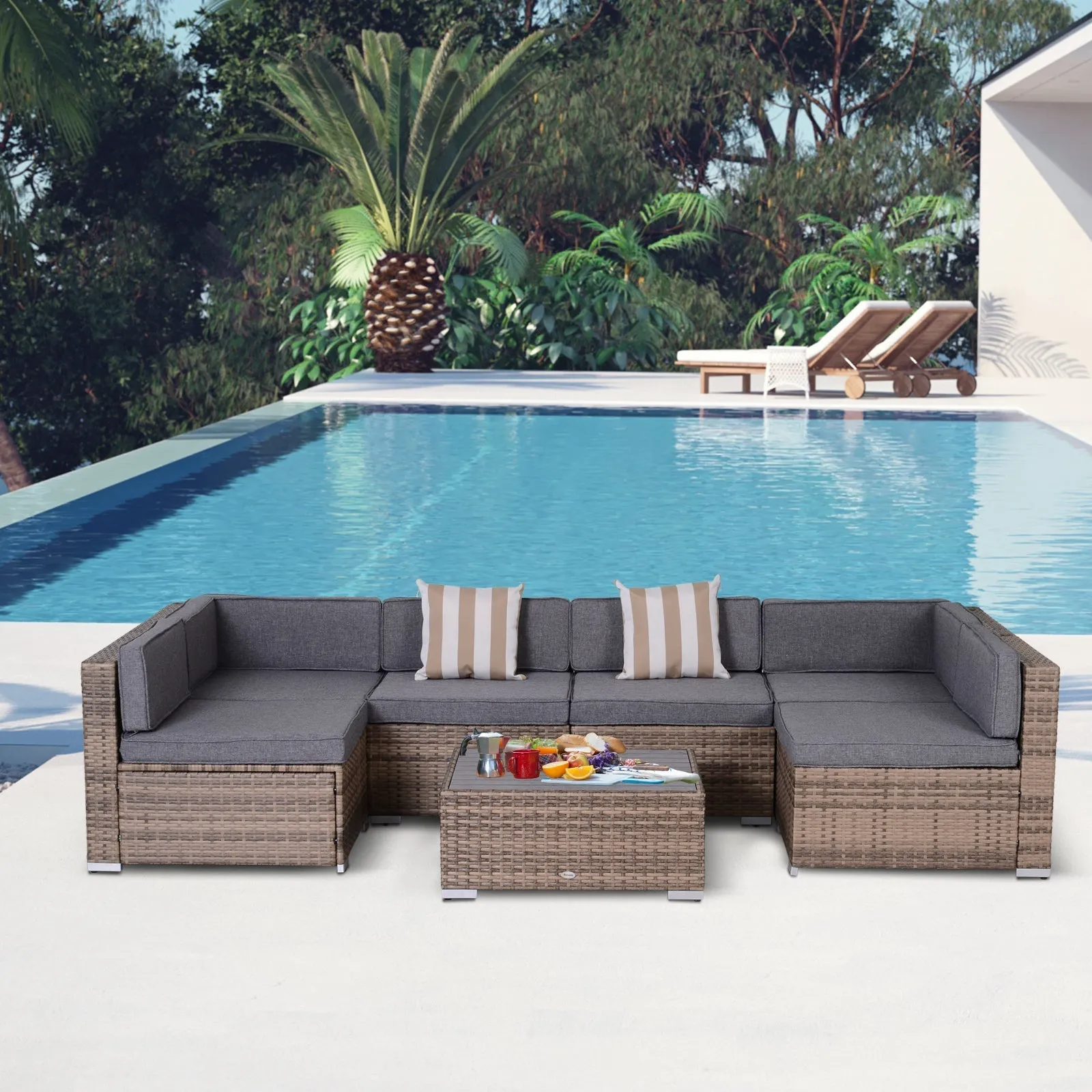 7-Piece Rattan Garden Lounge Set with Coffee Table and Modular Sofa with Cushions, Grey - Image 2