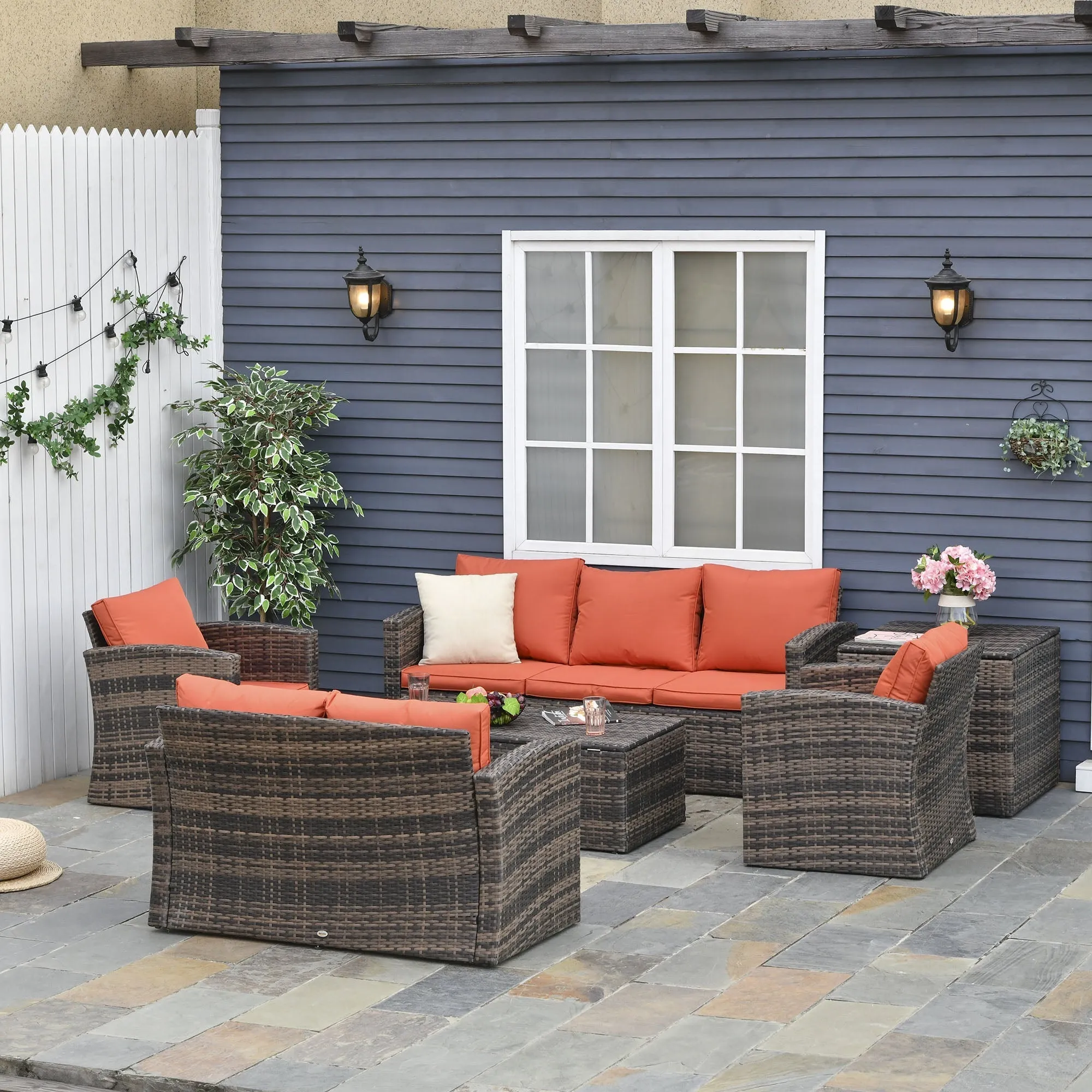 MANDOLINA | Brown 6 pcs Outdoor Rattan Furniture Set with orange cushions - Image 2