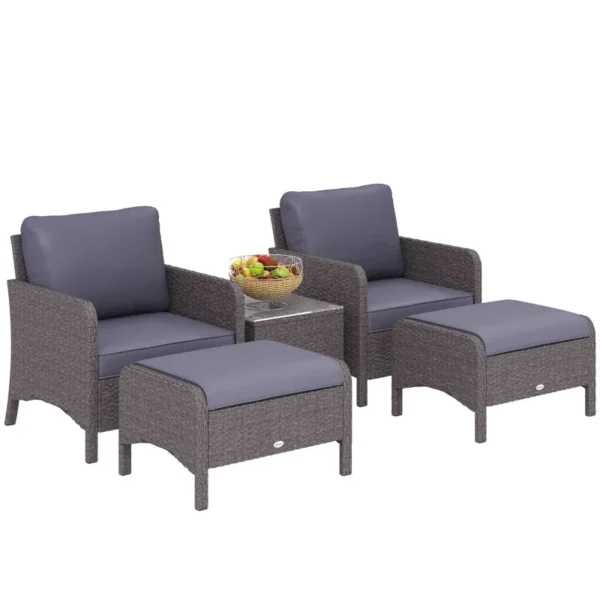Garden Furniture Set 2 Armchairs 2 Footstools 1 Coffee Table in Tempered Glass Rattan Grey