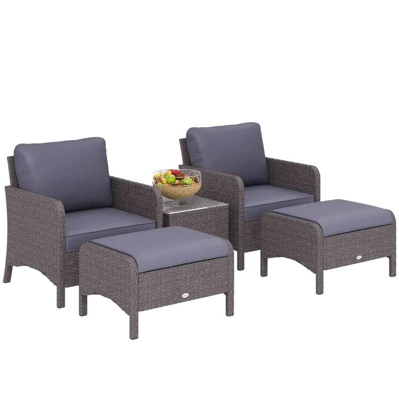 Garden Furniture Set 2 Armchairs 2 Footstools 1 Coffee Table in Tempered Glass Rattan Grey
