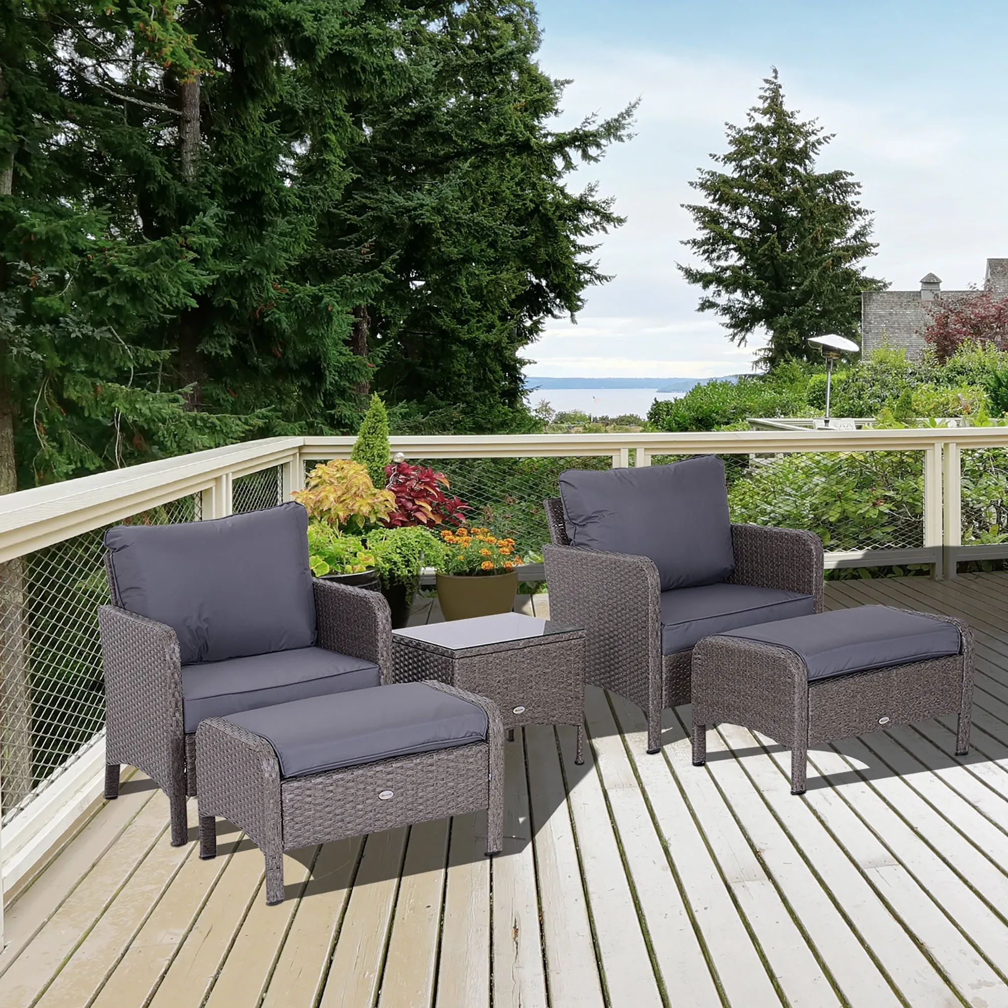 Garden Furniture Set 2 Armchairs 2 Footstools 1 Coffee Table in Tempered Glass Rattan Grey - Image 2