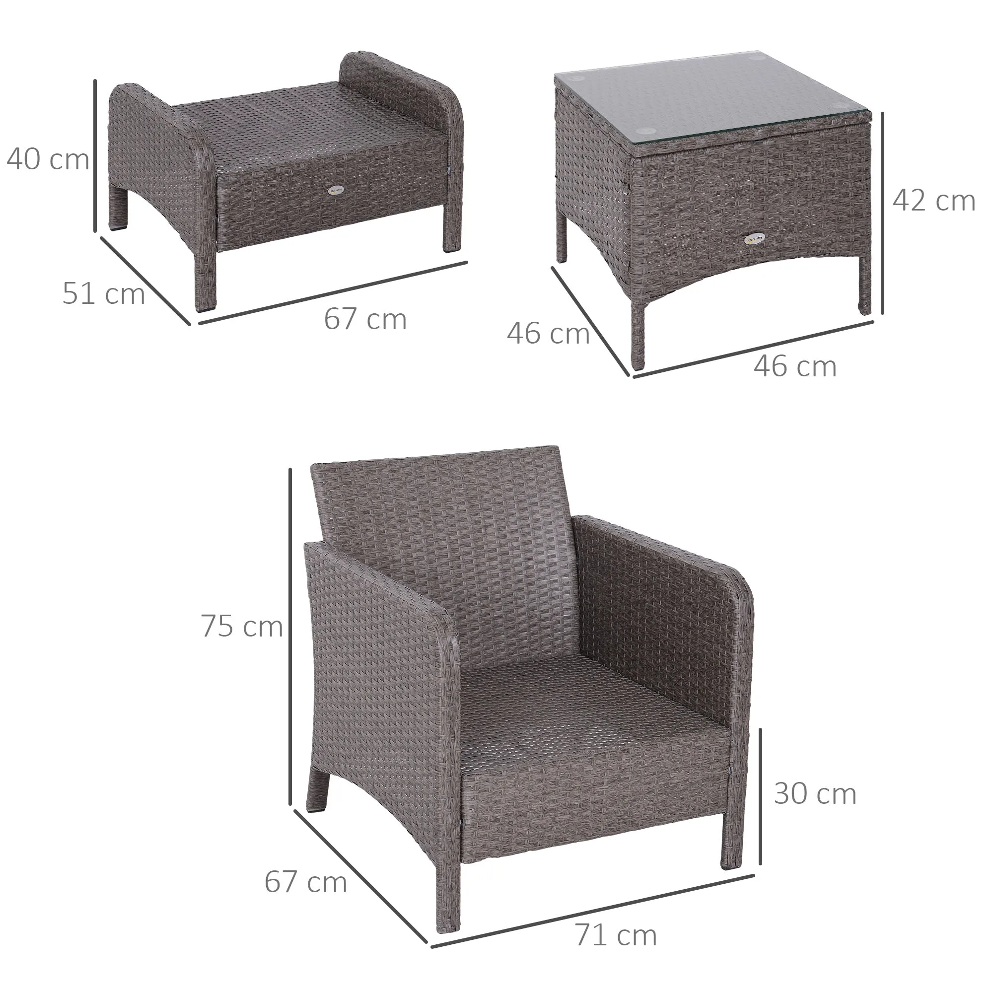Garden Furniture Set 2 Armchairs 2 Footstools 1 Coffee Table in Tempered Glass Rattan Grey - Image 3