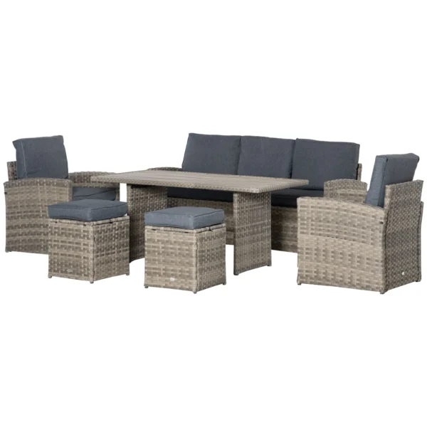 ROYALS - PE Rattan Garden Lounge Set with 3 Seater Sofa, 2 Armchairs, 2 Stools and Table, Grey