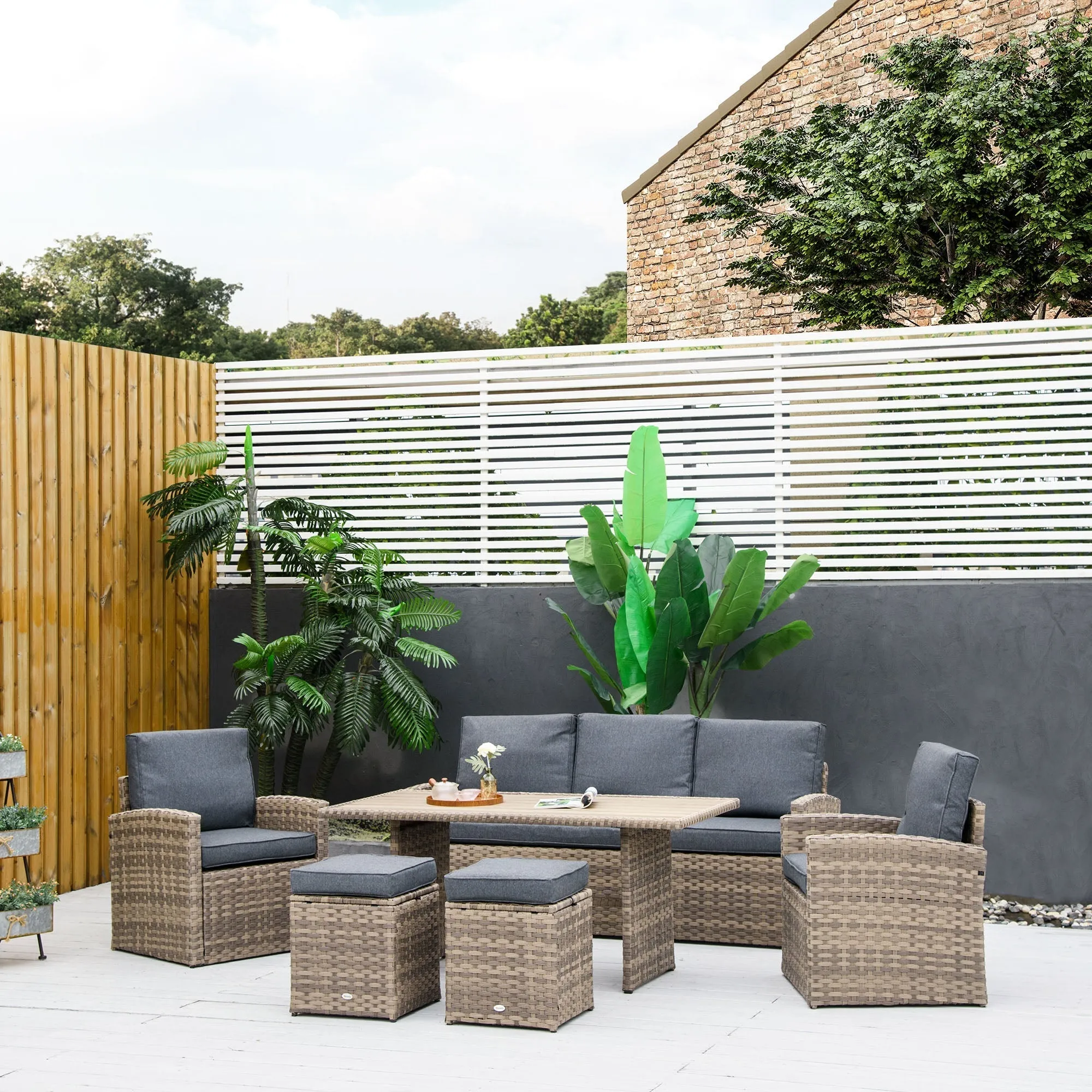 ROYALS - PE Rattan Garden Lounge Set with 3 Seater Sofa, 2 Armchairs, 2 Stools and Table, Grey - Image 2
