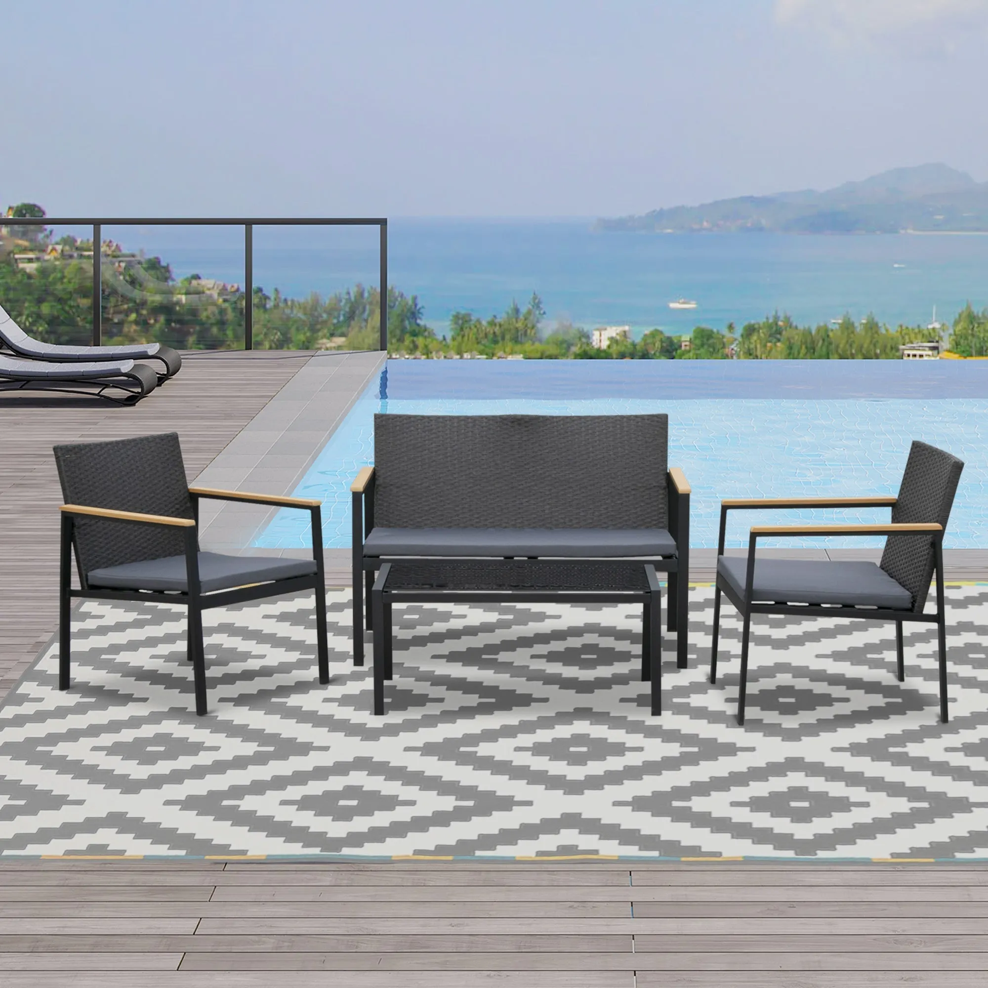 4-Piece Outdoor Lounge Set with 2 Chairs, Sofa and Coffee Table, Garden Furniture in Rattan and Black Steel - Image 2