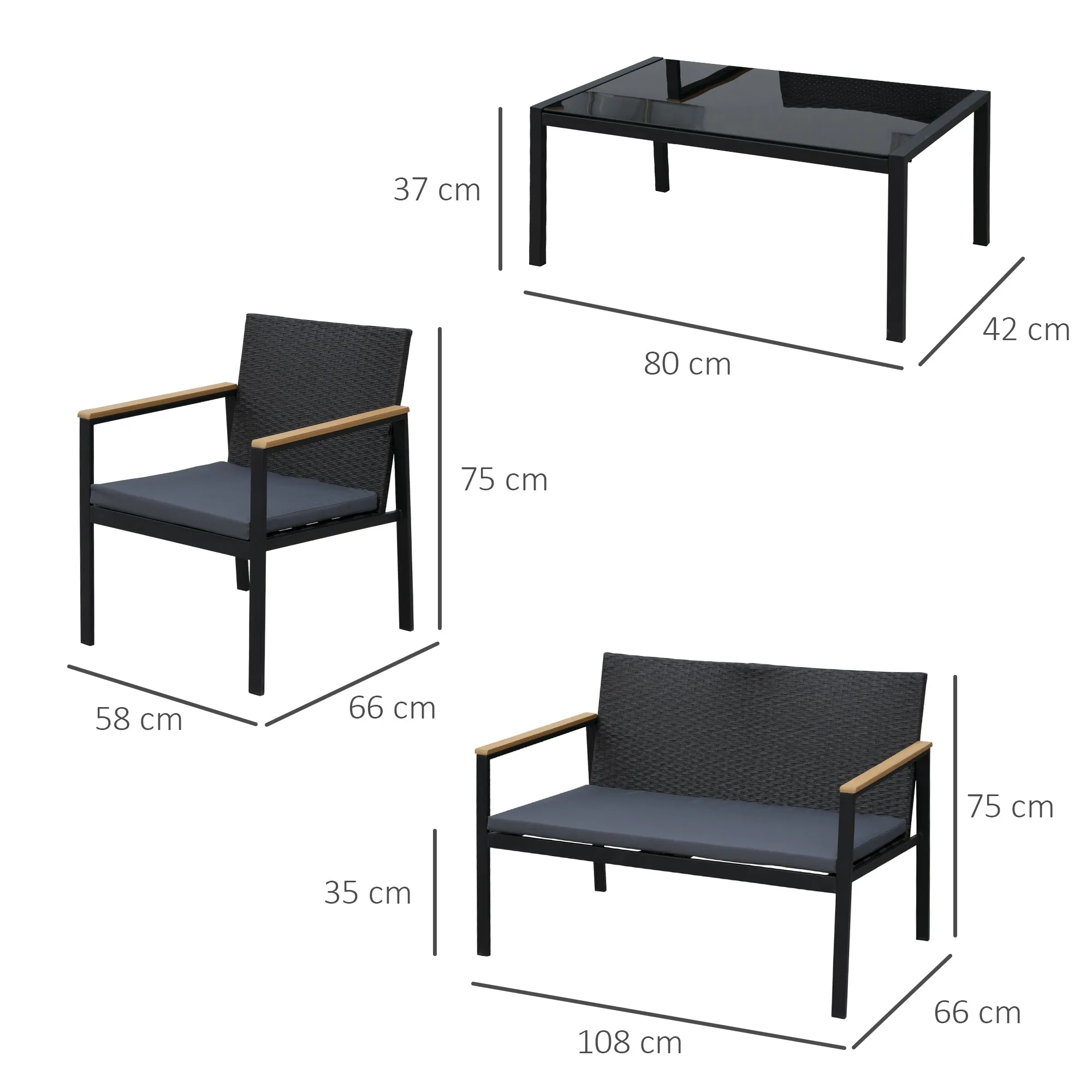 4-Piece Outdoor Lounge Set with 2 Chairs, Sofa and Coffee Table, Garden Furniture in Rattan and Black Steel - Image 3