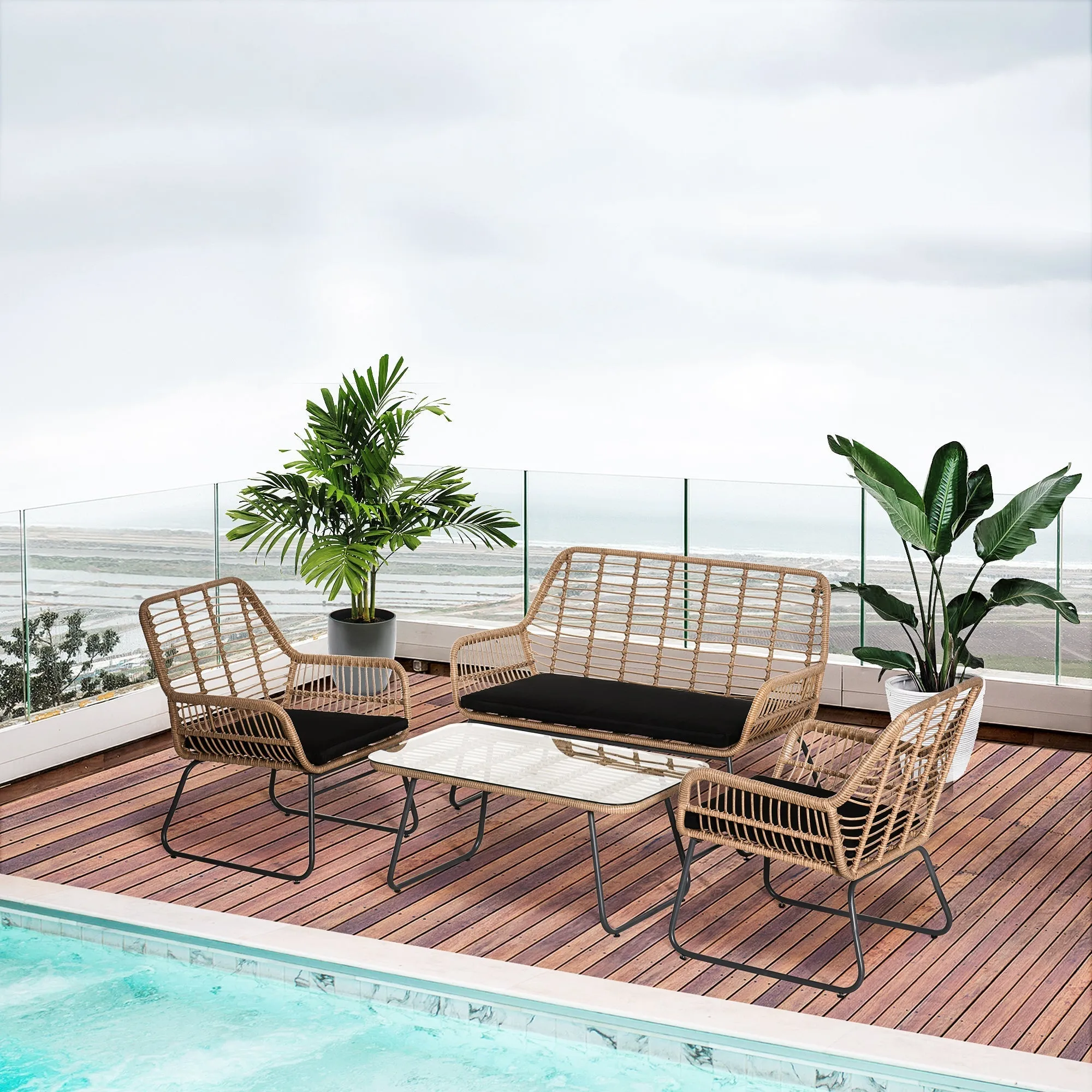 Boho Style PE Rattan Garden Furniture Set with 2 Armchairs, Sofa and Coffee Table - Image 2
